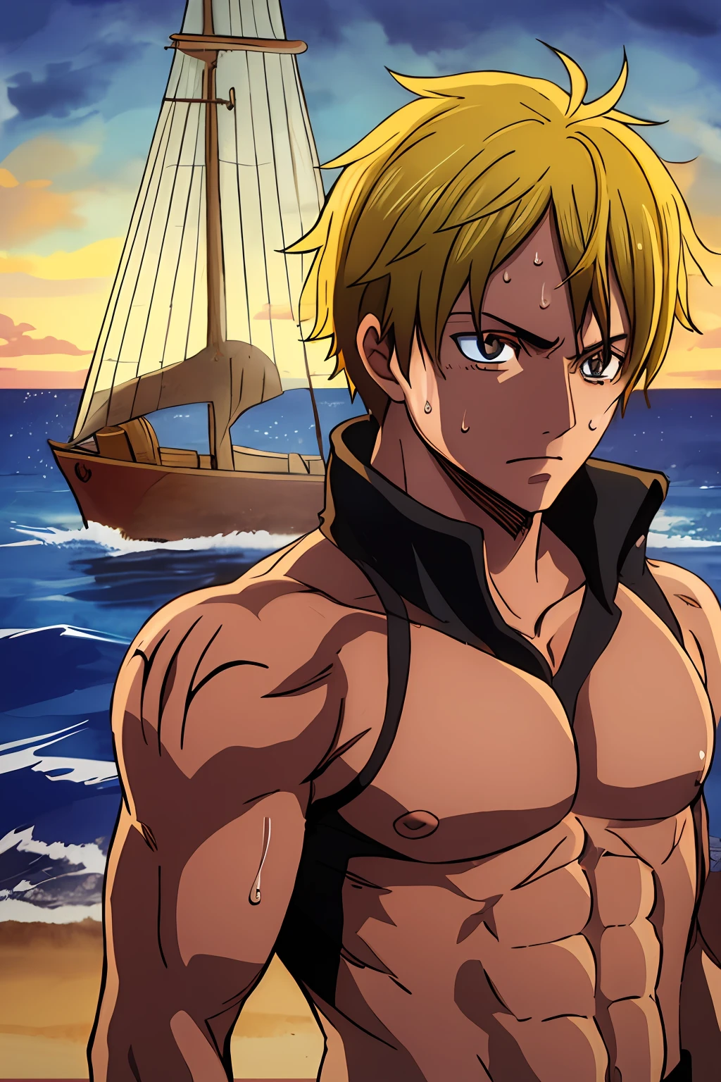 1 boy, wanostyle, Marine clothing, muscular and perfect body ((back)), Short white hairsm haircut meliodas, haut du corps, dark skin shiny with oil and sweat, with few clothes, plaies saignantes, cicatrices sur tout le corps, Egyptian tattoo, visage courageux, marche sur un ponton, Pirate port in the background, aquarelle, illustration, profondeur de champ, croquis, ombres sombres intenses, mise au point nette, softlighting, hdr, colourfull, bon composition, spectaculaire, yeux noirs, ((beste-Qualit)), cheveux blancs,