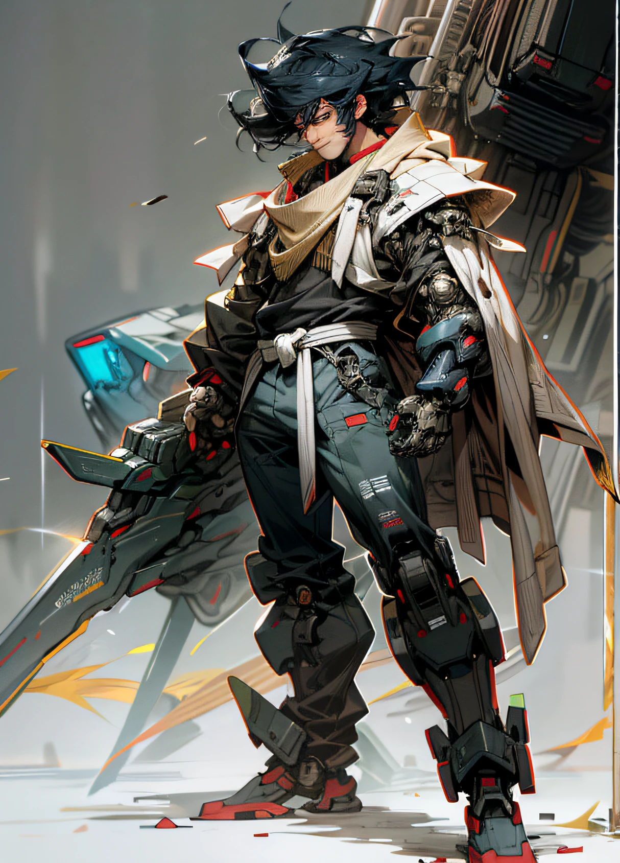 Asian male,Mecha full body,thick eyebrow,Thick short hair and long bangs,A bit of a scumbag,Handsome,cyber punk perssonage,3D,Dressed in a mecha battle suit,Light intertwined