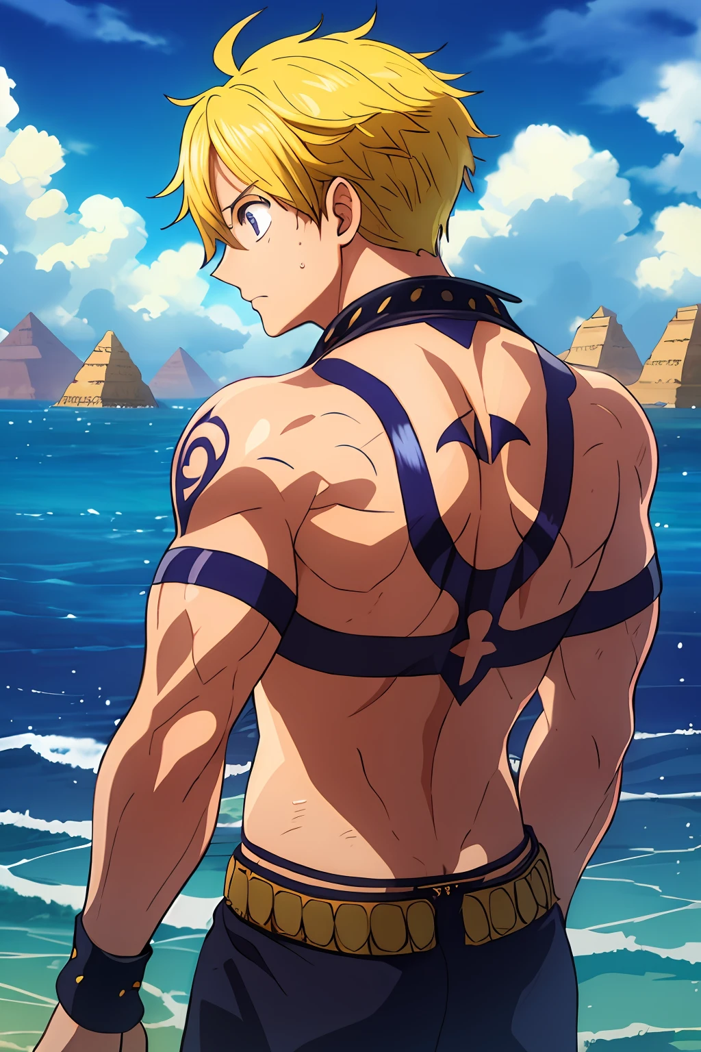 1 boy, wanostyle, Marine clothing, muscular and perfect body ((back)), Short white hairsm haircut meliodas, haut du corps, dark skin shiny with oil and sweat, with few clothes, plaies saignantes, cicatrices sur tout le corps, Egyptian tattoo, visage courageux, marche sur un ponton, Pirate port in the background, aquarelle, illustration, profondeur de champ, croquis, ombres sombres intenses, mise au point nette, softlighting, hdr, colourfull, bon composition, spectaculaire, yeux noirs, ((beste-Qualit)), cheveux blancs,