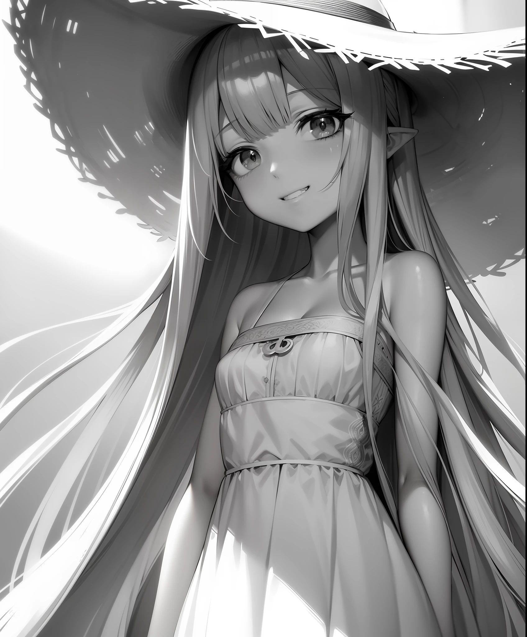 masterpiece, best quality, 8K, highly detailed, 4k, very long hair, (hair flaps), (shiny hair), flipped hair, grin, ((monochrome)), yellow eyes, close-up, straw hat, (shaded face), white sundress, slit pupils, (anime) by WLOP, trending on ArtStation, bj_Fault art, SMM