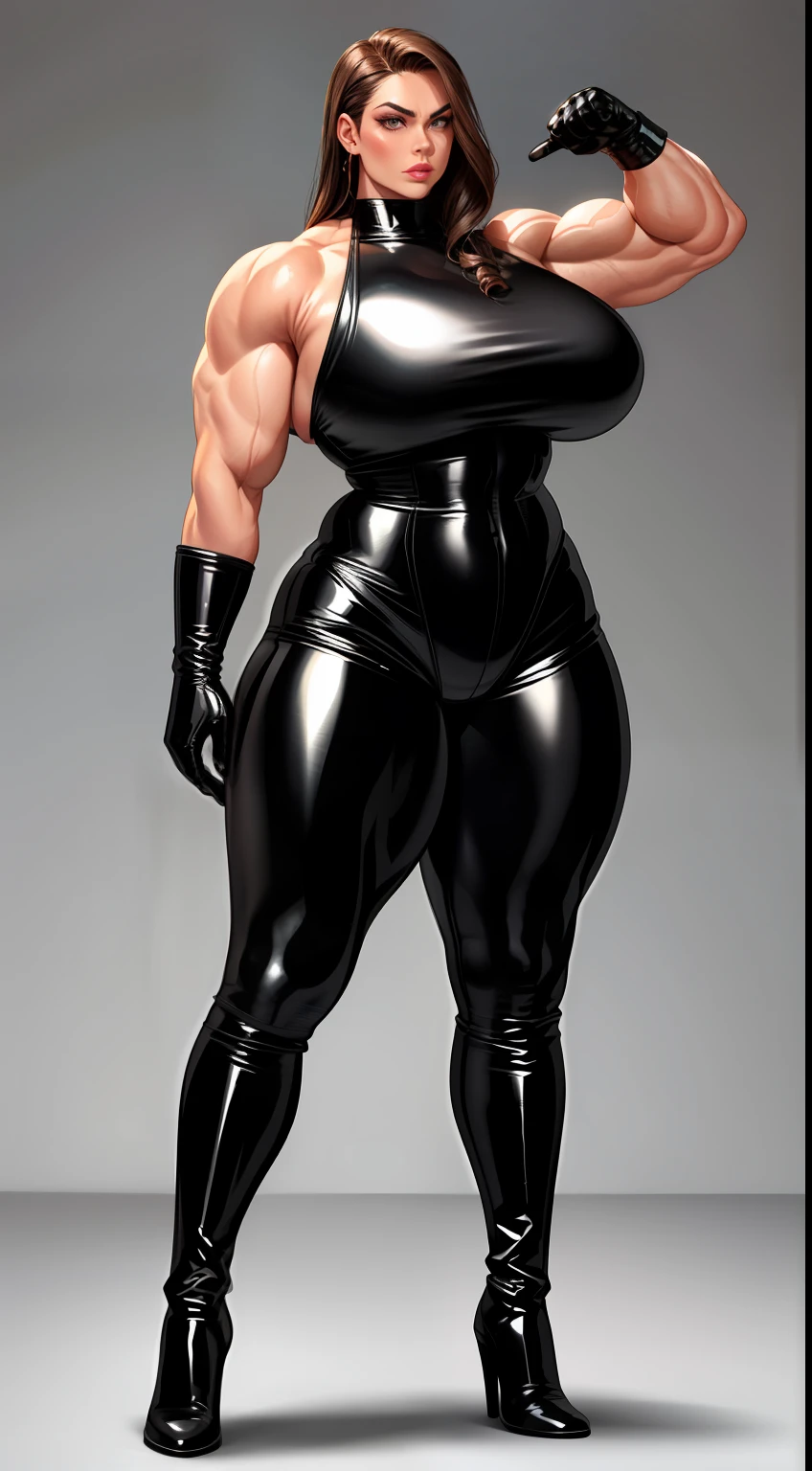 tmasterpiece,Burly woman,Exaggerated large muscles,Latex that covers the entire body,Leather boots,latex glove, beautiful attractive face,Full body like, Single female,Very fair skin,Thin waist,Very broad shoulders, Strong and powerful arms,Stout arms,Strong and powerful leg muscles,thick calf,looking to the camera