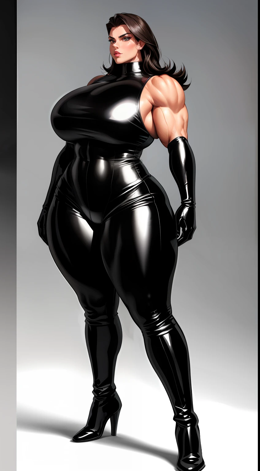 tmasterpiece,Burly woman,Exaggerated large muscles,Latex that covers the entire body,Leather boots,latex glove, beautiful attractive face,Full body like, Single female,Very fair skin,Thin waist,Very broad shoulders, Strong and powerful arms,Stout arms,Strong and powerful leg muscles,thick calf,looking to the camera