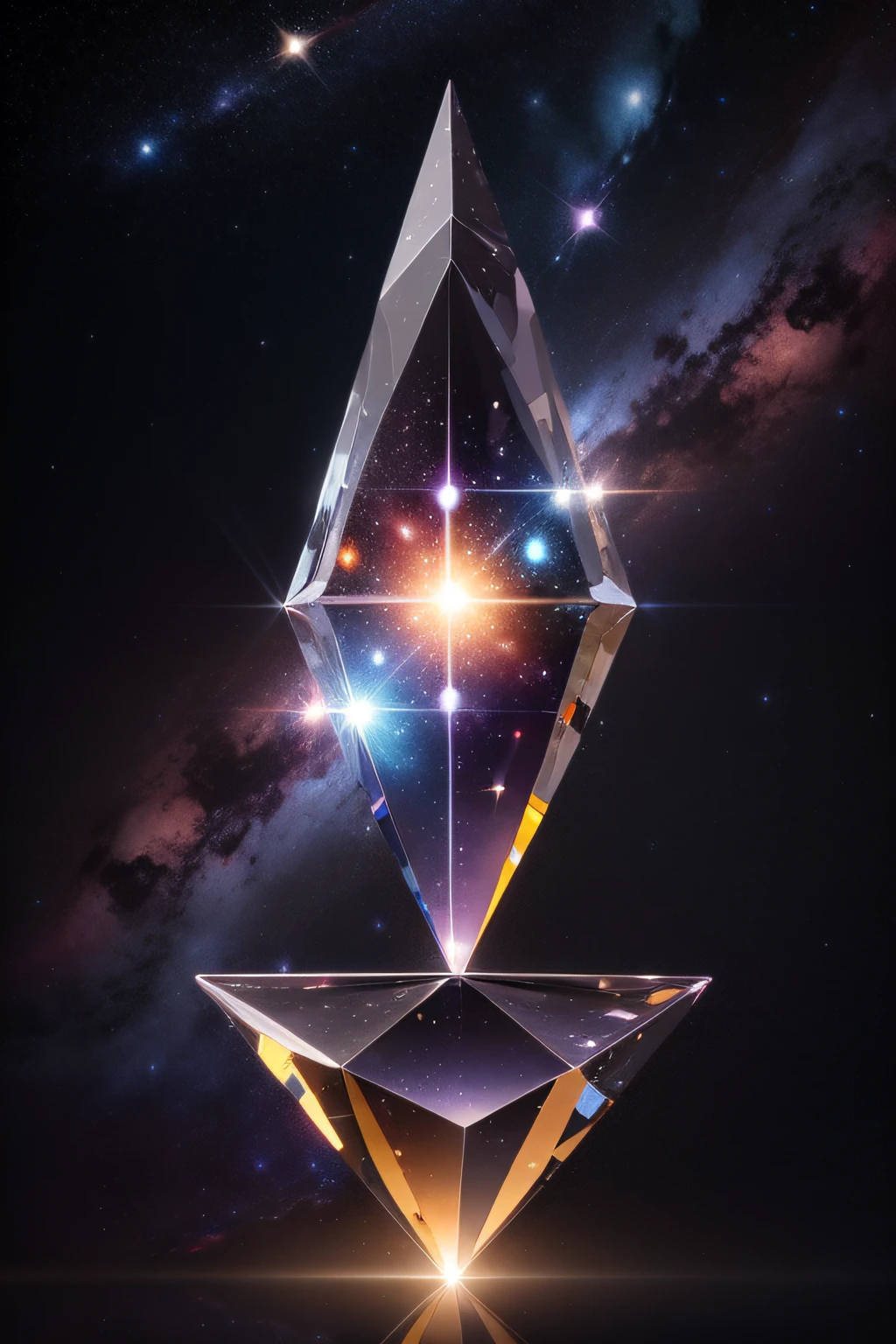 Imagine a diamond floating in vast cosmic space, rodeado por estrelas cintilantes. Its shape is perfect, with multiple faces reflecting light from nearby stars. Cada uma de suas faces brilha intensamente, as if it were a source of light of its own.

The diamond is transparent and crystalline, allowing you to see through it. Dentro da pedra preciosa, parece haver um universo em miniatura, with distant galaxies and colorful nebulae spinning and dancing.

As you get closer to the diamond, realizes that it is not anchored to any object, floating freely in space. As you take a closer look, You may notice small, bright, prismatic fragments that have detached from the diamond, creating an even more dazzling visual spectacle.

The image is a testimony to the beauty and mystery of the universe, combining the elegance of a diamond with the magnificence of outer space.