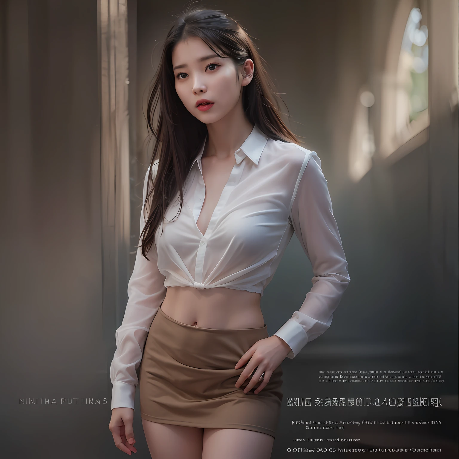 nikon RAW photo,8 k,Fujifilm XT3,photorealistic,realistic, solo, photorealistic, best quality, ultra high res, (skin spots:0.1) serious expression, , standing and surrounded by mwn, topless but covering her  with her arms, short, tight see through shirt,Suit skirt beautiful, masterpiece, best quality, extremely detailed face, perfect lighting, solo,1girl, sexy sight best quality, ultra high res, photorealistic, ultra detailed, masterpiece, best quality, iu1, fully naked provoking men, seductive, nipple visible, flirting