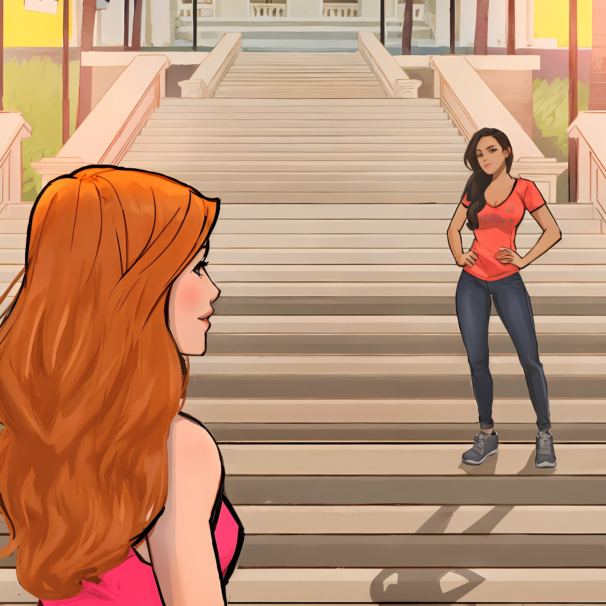 a woman standing on a set of stairs with a building in the background,