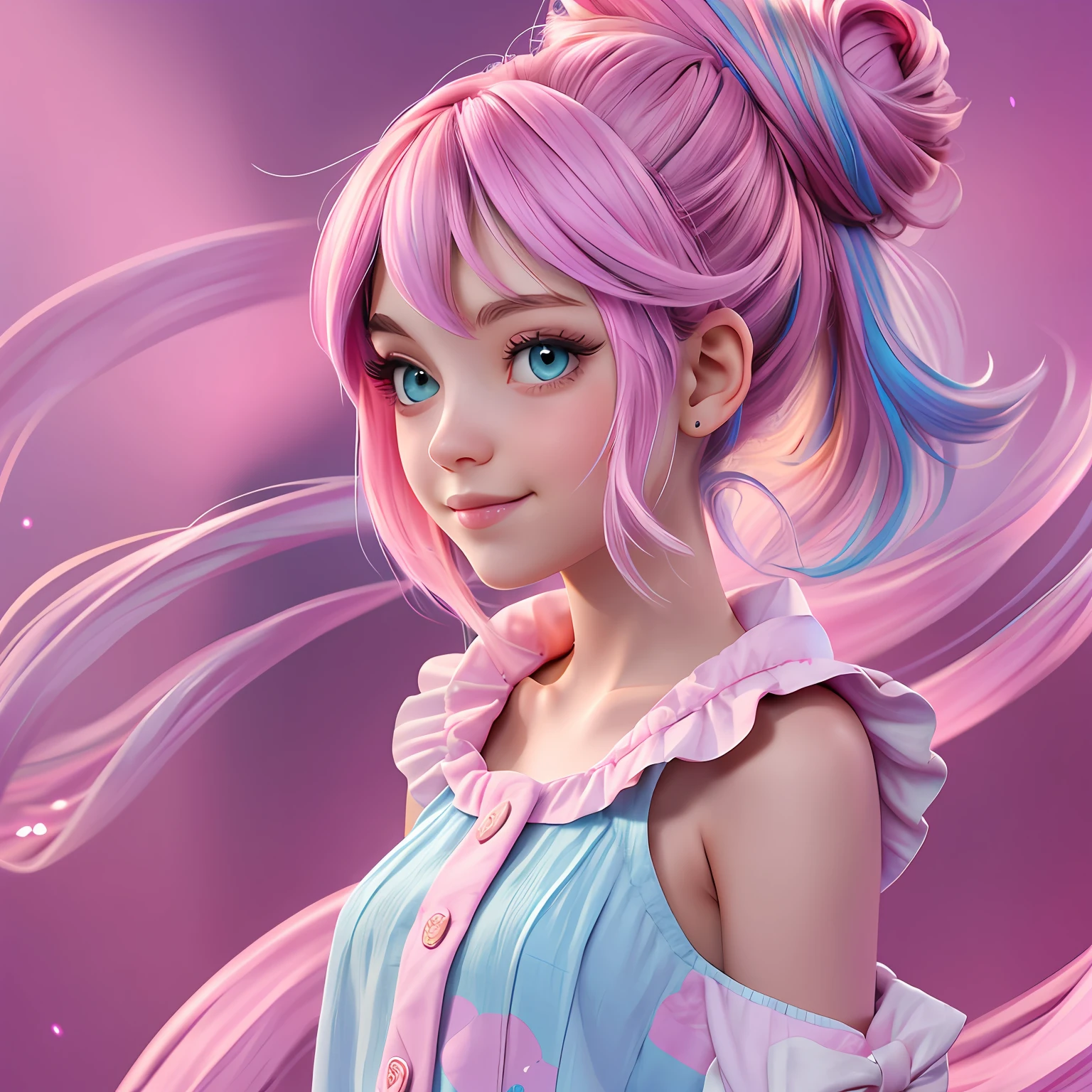 uma meniur hair is stuck in a messy bun, pavor, multicolorido, roupas leves, corpo inteiro, The background is filled with a pastel shade, evoking a sense of lightness and happiness.