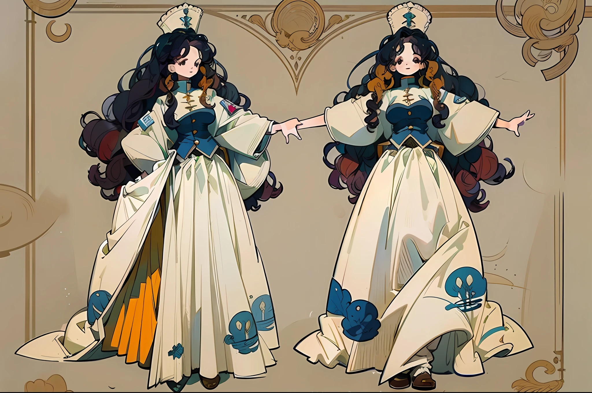 ((masterpiece)),(((best quality))),（character design sheet,Same character full body,frontage,Lateral face,on  back)，illustration，1个Giant Breast Girl、Stunning facial features，Uniform hair color、Hairstyles、trappings，long  skirt（simplebackground，white backgrounid：1.3），Very long hair，curlies，Roman rolls