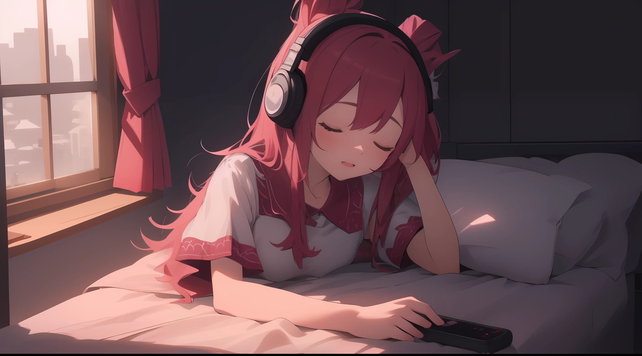 animesque,女の子1人(bobhair), stele(Skysky), window, head phone, Sleeping, natta, Room dark