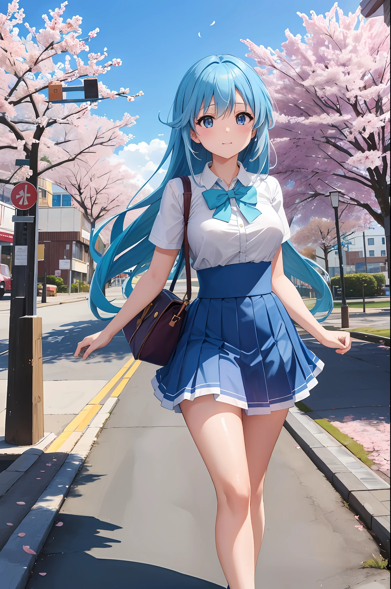 masterpiece, best quality, high resolution, extremely detailed, detailed background, cinematic lighting, 1girl_aqua_konosuba, beautiful, medium breasts, school uniform, skirt, public indecency, looking at the viewer, blue eyes, long blue hair, buildings, outdoors, cherry blossoms, bokeh.