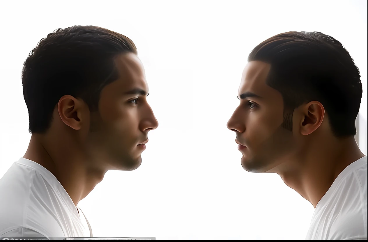 There are two men facing each other in a mirror, olhando um para o outro sem pensar, identical picture, both faces visible, em perfil, retrato centrado no perfil lateral, symmetrical facial features, um de frente para o outro, retrato de perfil lateral, portrait symetrical, Pose de perfil, looking across the shoulder, symmetry accurate human features, perfil lateral cenetered retrato, Pose de perfil