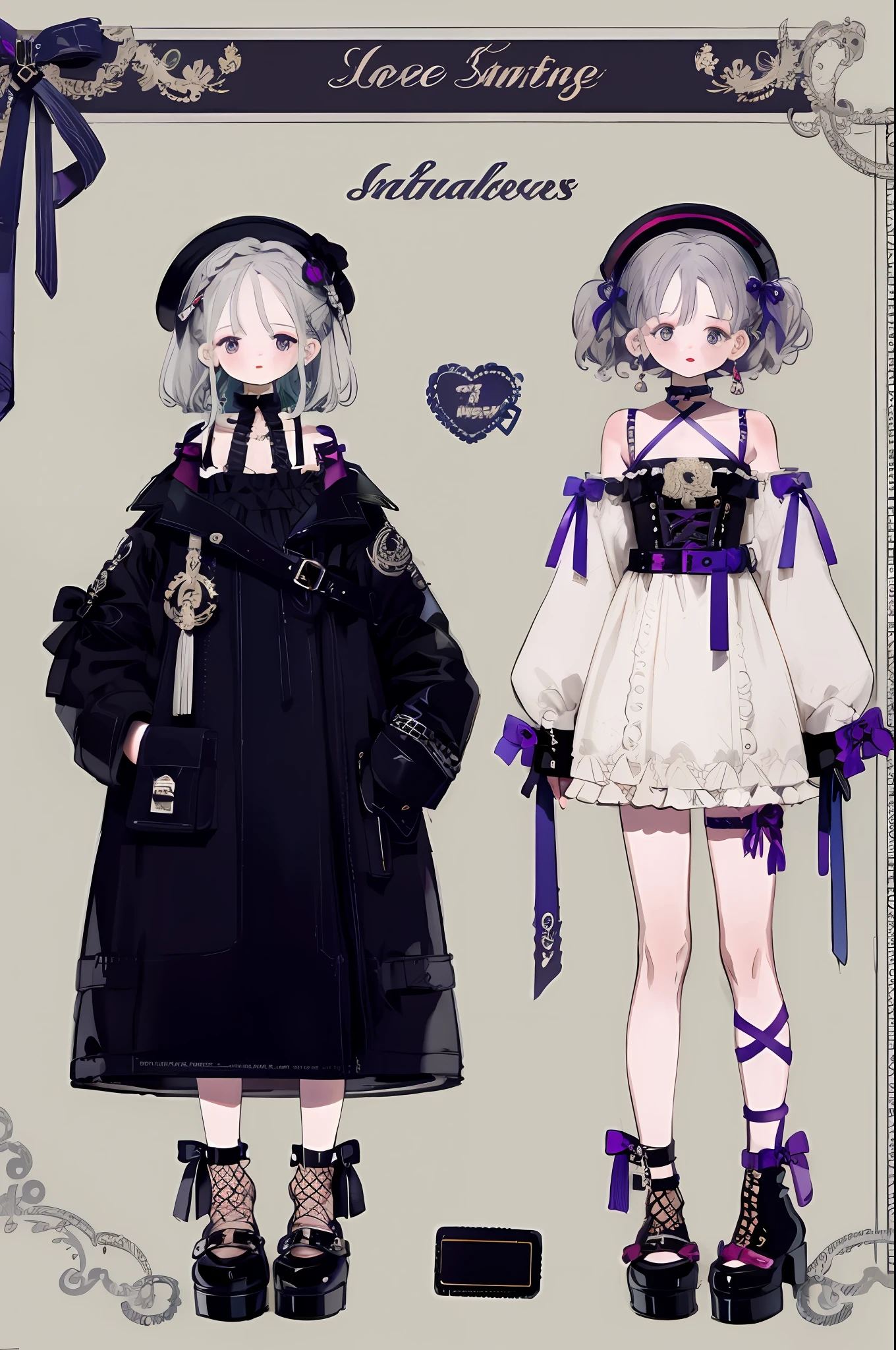 leg loops,leg holsters,mitts,very intricate,Exquisite,Complex hairstyles,Purple clothes,Bow knot,Cross straps,bandagens,Y2K,E-girls,Emotional,non-mainstream,Gray hair,Love decoration,subculture,Sick,laughingly,Avant-garde and innovative clothing design,Black fishnet socks,waist chains,rivet,Platform shoes,boot,Long boot leg covers,thongs