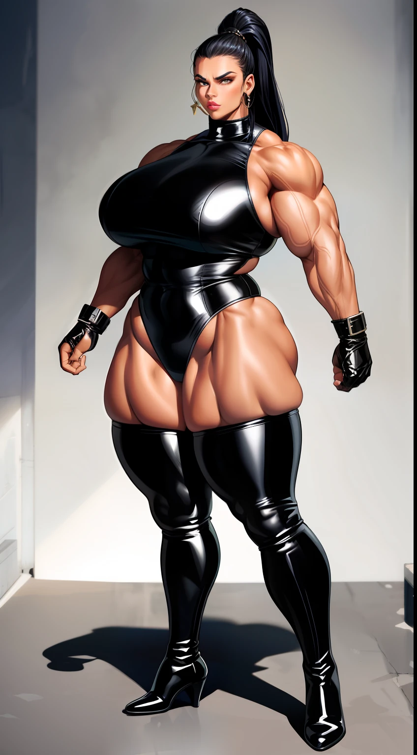 tmasterpiece,Burly woman,Exaggerated large muscles,Latex covering the whole body,Leather boots, beautiful attractive face,Full body like, Single female,Very fair skin,Thin waist,Very broad shoulders, Strong and powerful arms,Stout arms,Strong and powerful leg muscles,thick calf,looking to the camera