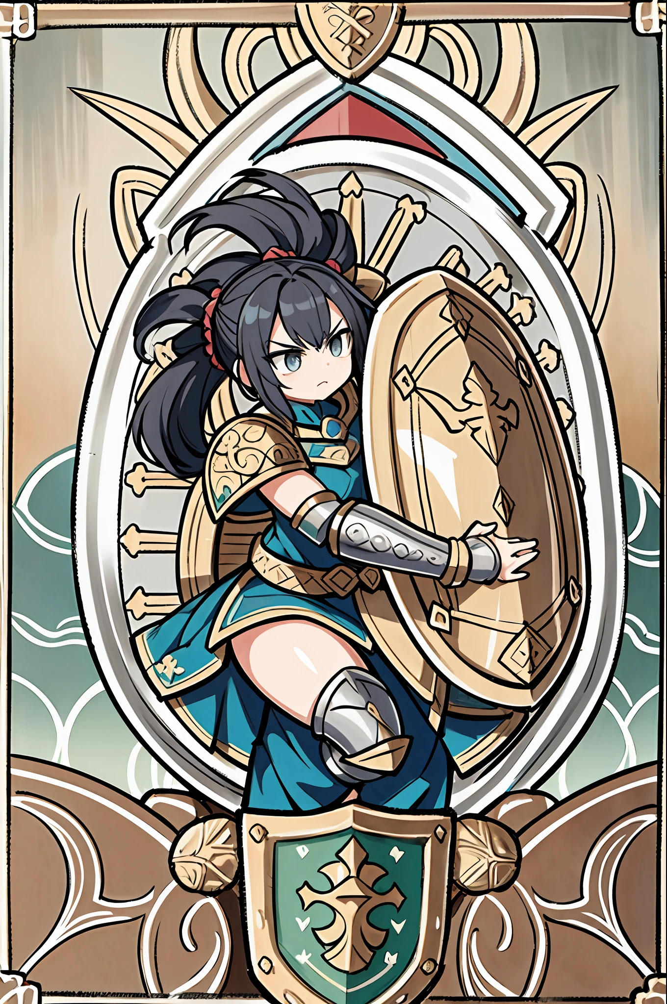 strong girl, giant shield, by bestiary_style, masterpiece, very big shield, large shield, shield bigger than body, black hair, pony tail hair, fierce, focus on the shield, blocking path position