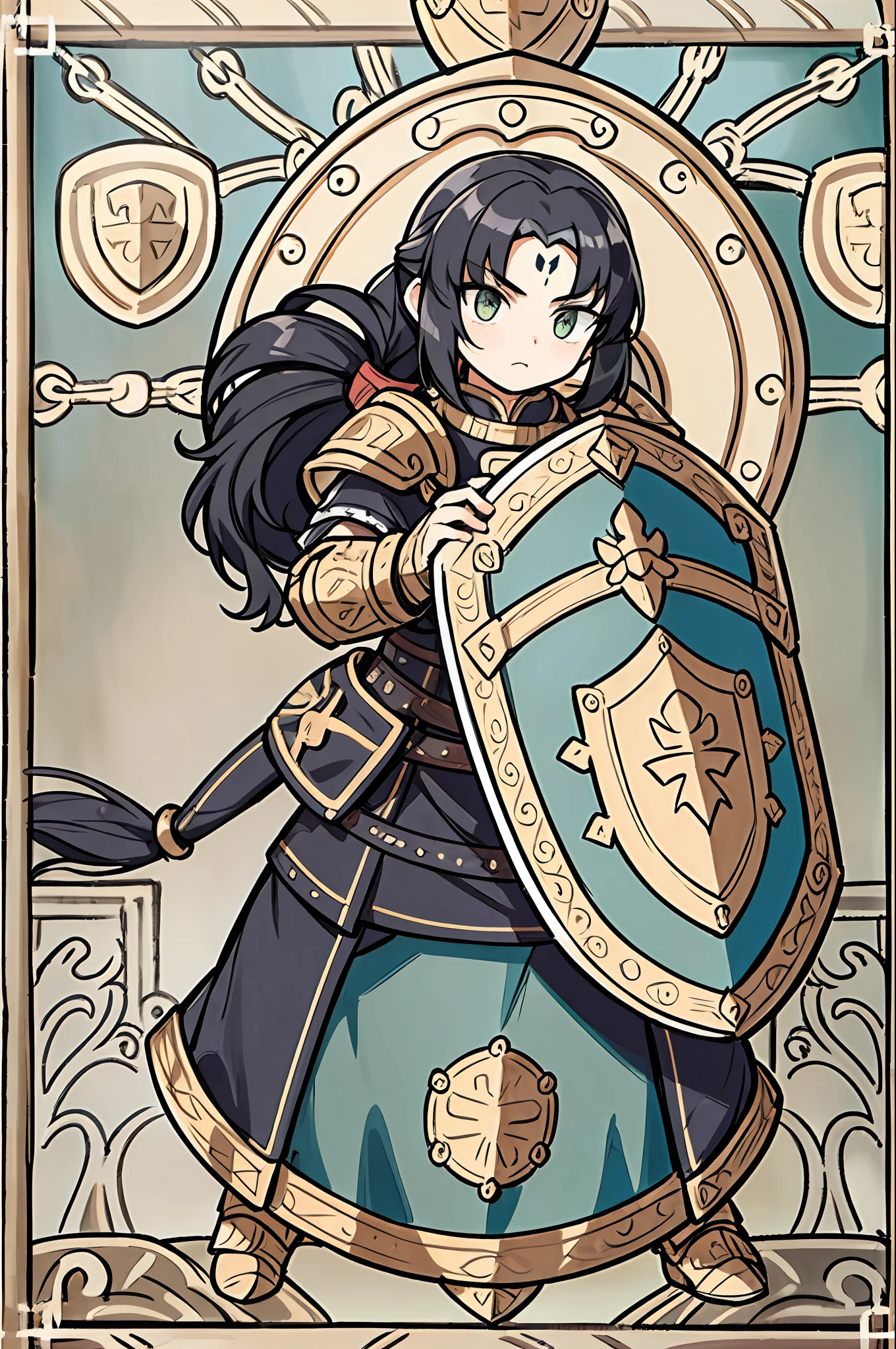 strong girl, giant shield, by bestiary_style, masterpiece, very big shield, large shield, shield bigger than body, black hair, pony tail hair, fierce, focus on the shield, blocking path position