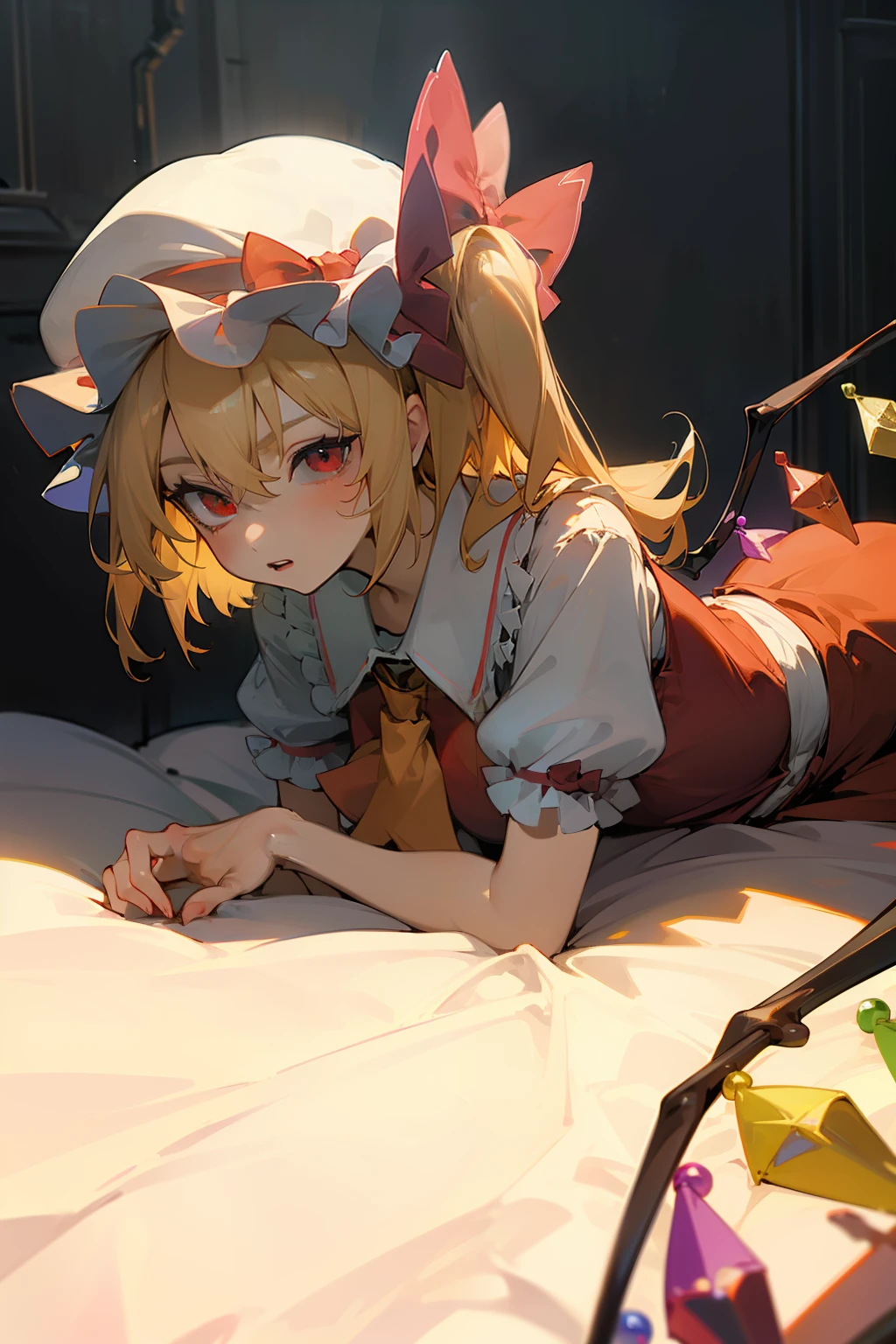 (masterpiece),best quality, expressive eyes, perfect face, 1girl,
big breast, H-cup, good breast, beautiful, gorgeous,anime,girl,lora, pantyhose, laying down,flandre scarlet,
1girl,blonde hair,mob cap,hair bow,bowtie,side ponytail,wings,short sleeves,vest,ascot,