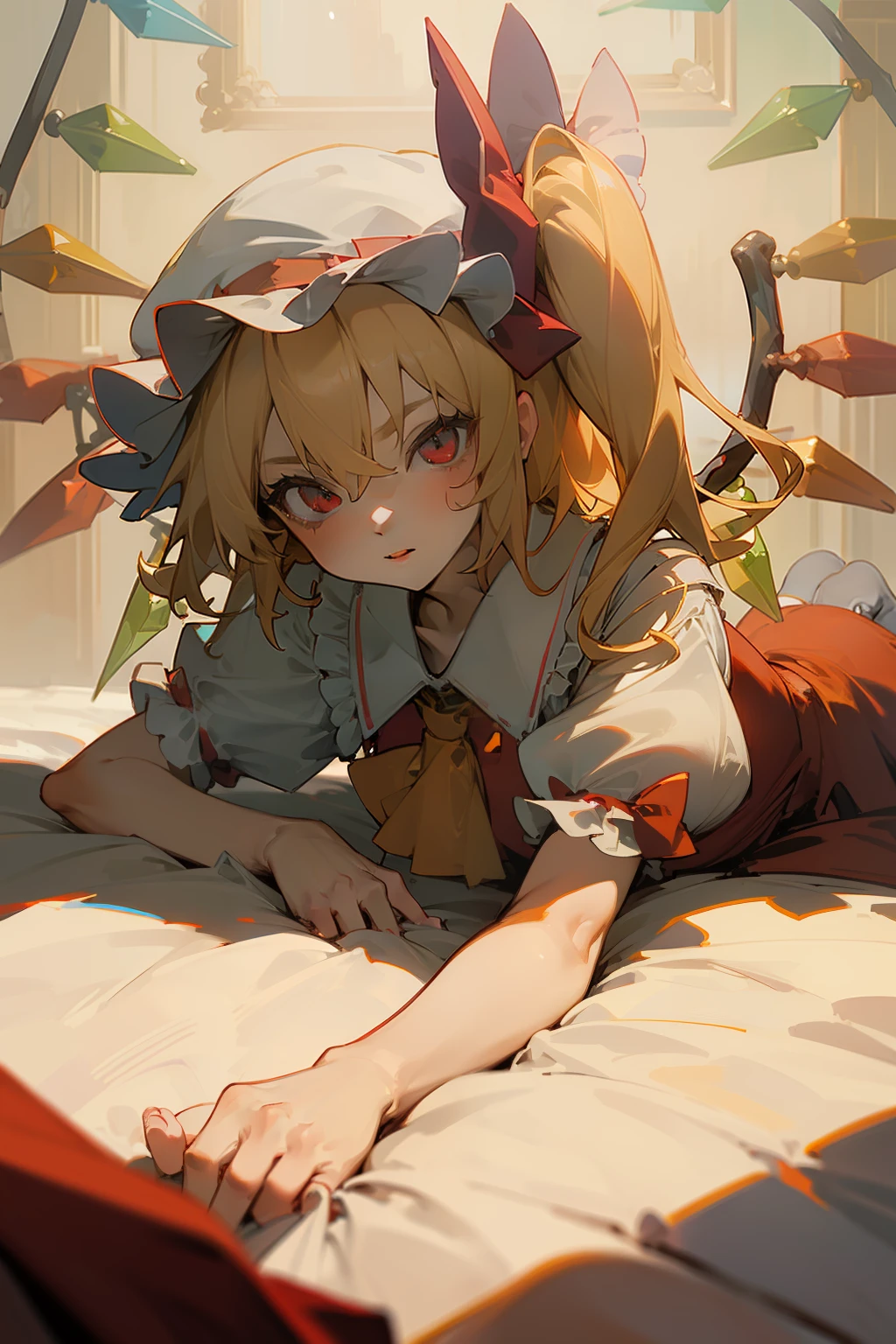 (masterpiece),best quality, expressive eyes, perfect face, 1girl,
big breast, H-cup, good breast, beautiful, gorgeous,anime,girl,lora, pantyhose, laying down,flandre scarlet,
1girl,blonde hair,mob cap,hair bow,bowtie,side ponytail,wings,short sleeves,vest,ascot,