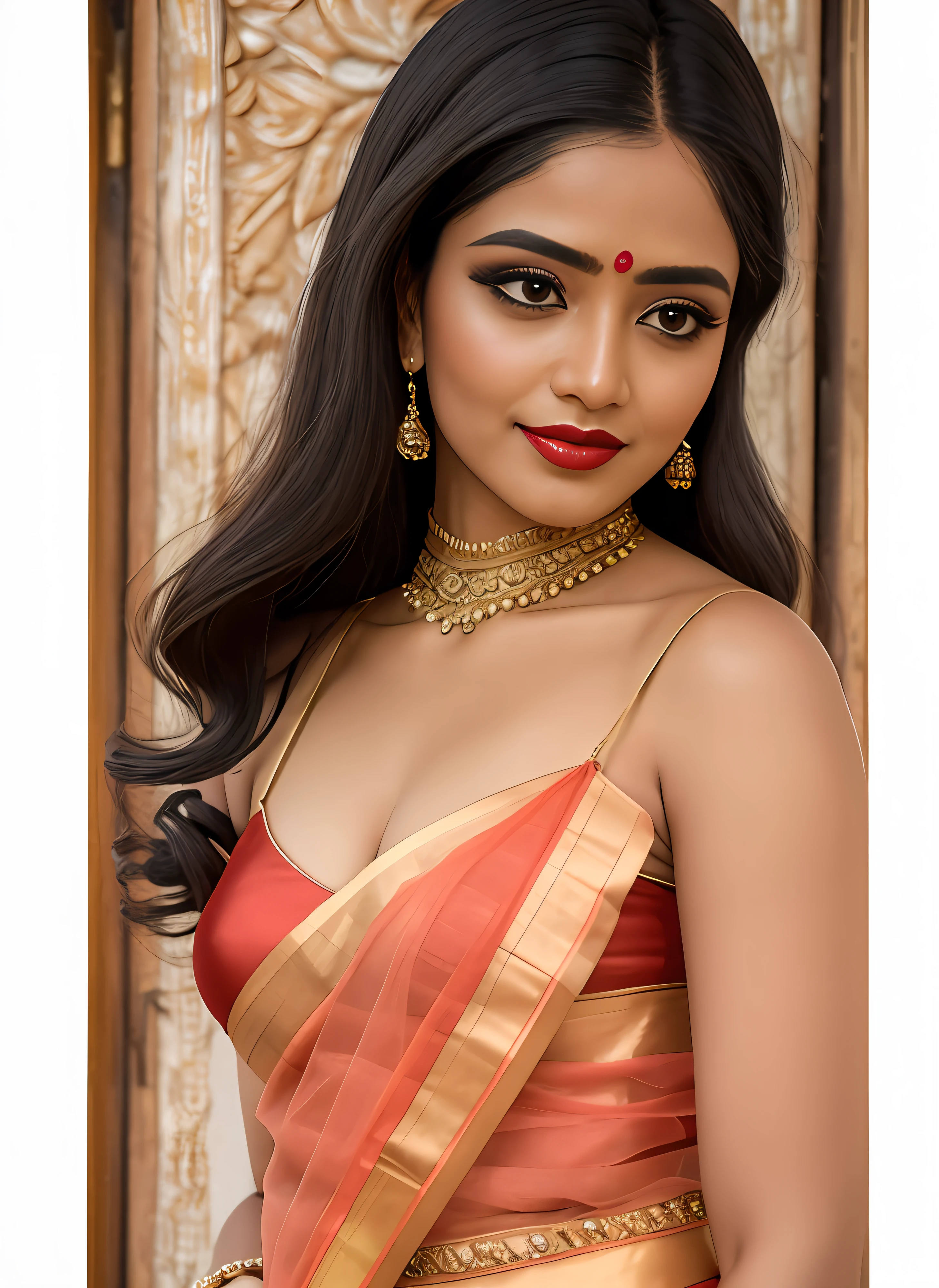 a close up of a woman wearing a red and orange sari, traditional beauty, assamese aesthetic, with lovely look, inspired by T. K. Padmini, traditional makeup, indian girl with brown skin, wearing a steampunk sari, with professional makeup, dressed in a sari, wearing bihu dress mekhela sador, indian, indian style, wearing a sari