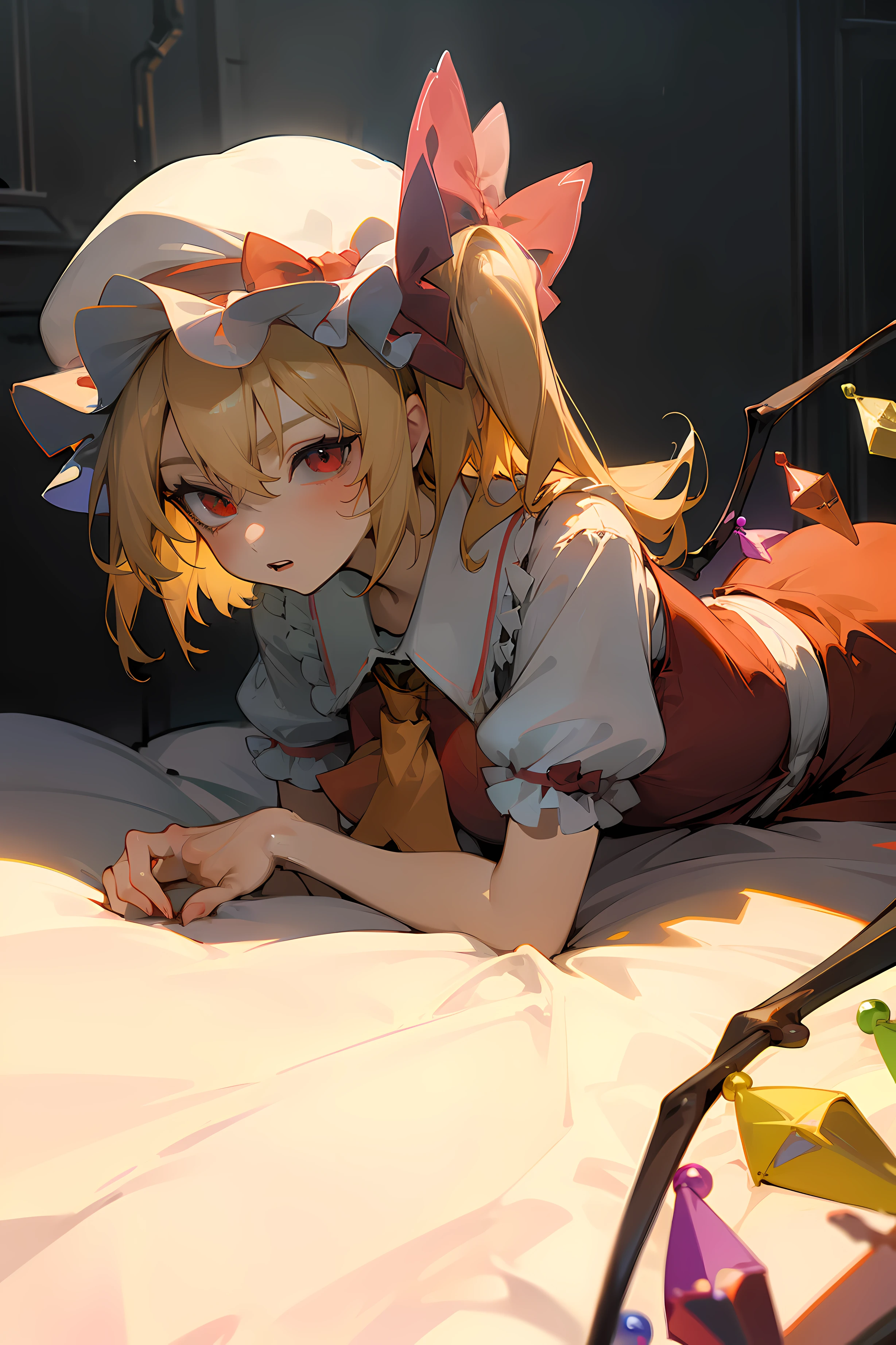 (masterpiece),best quality, expressive eyes, perfect face, 1girl,
big breast, H-cup, good breast, beautiful, gorgeous,anime,girl,lora, pantyhose, laying down,flandre scarlet,
1girl,blonde hair,mob cap,hair bow,bowtie,side ponytail,wings,short sleeves,vest,ascot,