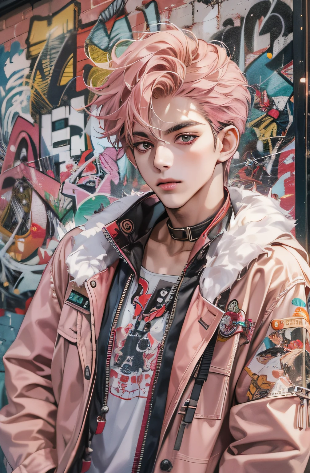 tmasterpiece,super high image quality,独奏,of a guy,Short pink curly hair,Handsome,(at centre,Seven-point photo),Modern clothing,耳Nipple Ring,graffiti wall
