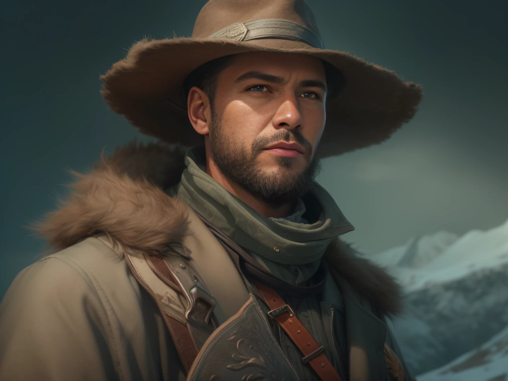 Man in a hat and coat standing on a mountain, Portrait of a male ranger, Gouweiz-style artwork, Portrait of an adventurer, Alexandra Fomin ArtStation, Fantasy concept art portrait, Character portrait, Detailed character portrait, Beautiful character painting, 4K detailed painting, Epic portrait illustration, RPG portrait concept art, CGsociety portrait