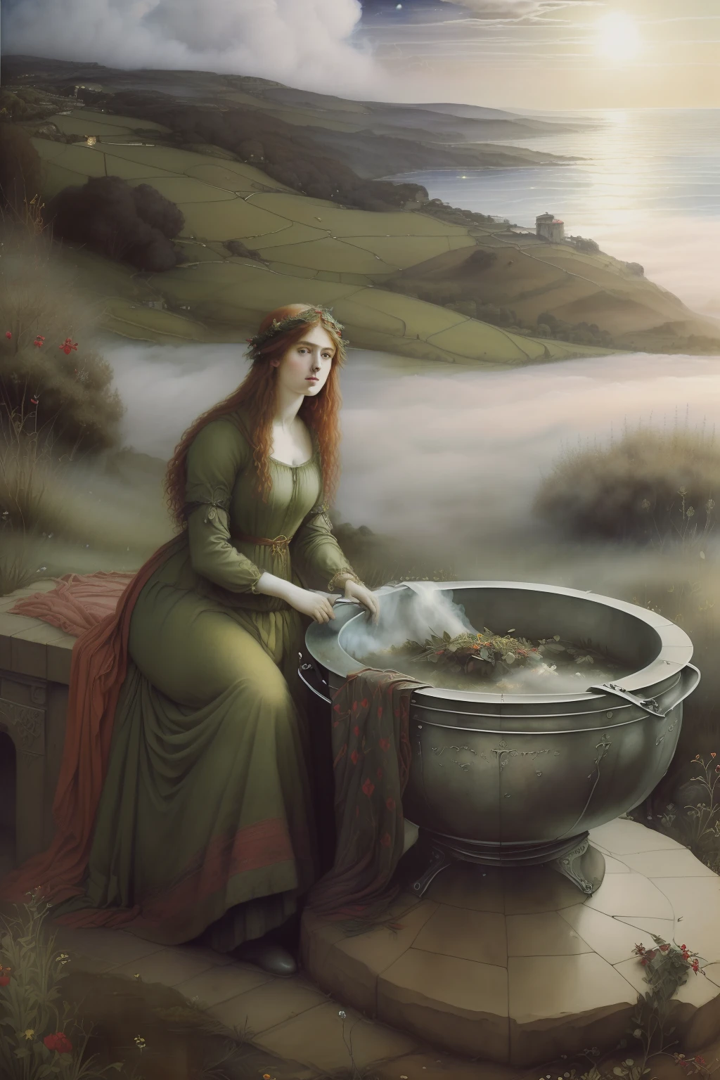 (((Pre-Raphaelite painting of a "velha bruxa corcunda e enrugada", vestida de vermelho, boils herbs in the cauldron, There are clouds in the night sky, Hawthorn and mist in the background)))