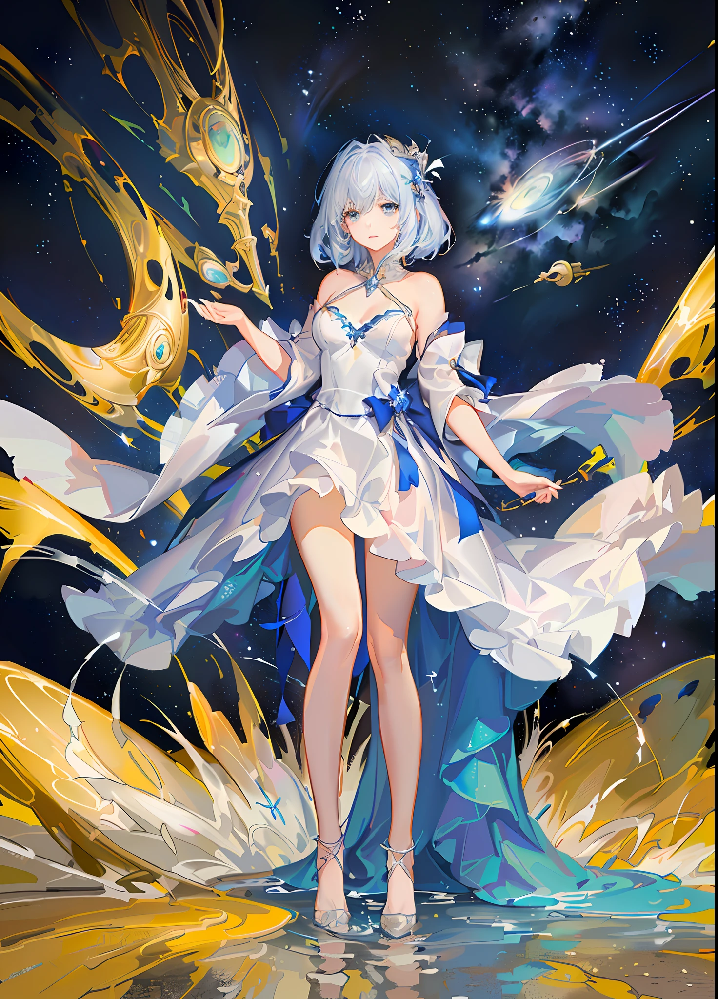 Anime girl in white dress，Blue cloak and golden crown, Beautiful celestial mage, white-haired god, trending on artstation pixiv, goddess of galaxies, lunar themed attire, blonde girl in a cosmic dress, astral dress, Official artwork, Digital art on Pixiv, Kushatt Krenz Key Art Women, anime girl with cosmic hair，high-definition picture quality，High color contrast