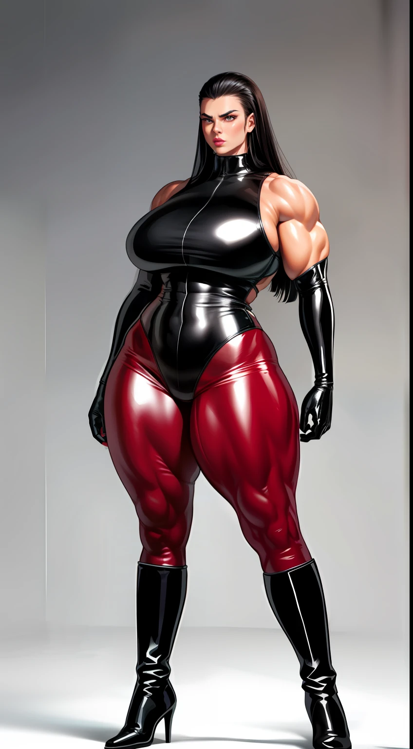 tmasterpiece,Burly woman,Exaggerated large muscles,Latex covering the whole body,Leather boots,latex glove, beautiful attractive face,Full body like, Single female,Very fair skin,Thin waist,Very broad shoulders, Strong and powerful arms,Stout arms,Strong and powerful leg muscles,thick calf,looking to the camera