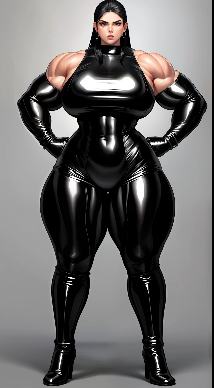 tmasterpiece,Burly woman,Exaggerated large muscles,Latex covering the whole body,Leather boots,latex glove, beautiful attractive face,Full body like, Single female,Very fair skin,Thin waist,Very broad shoulders, Strong and powerful arms,Stout arms,Strong and powerful leg muscles,thick calf,looking to the camera
