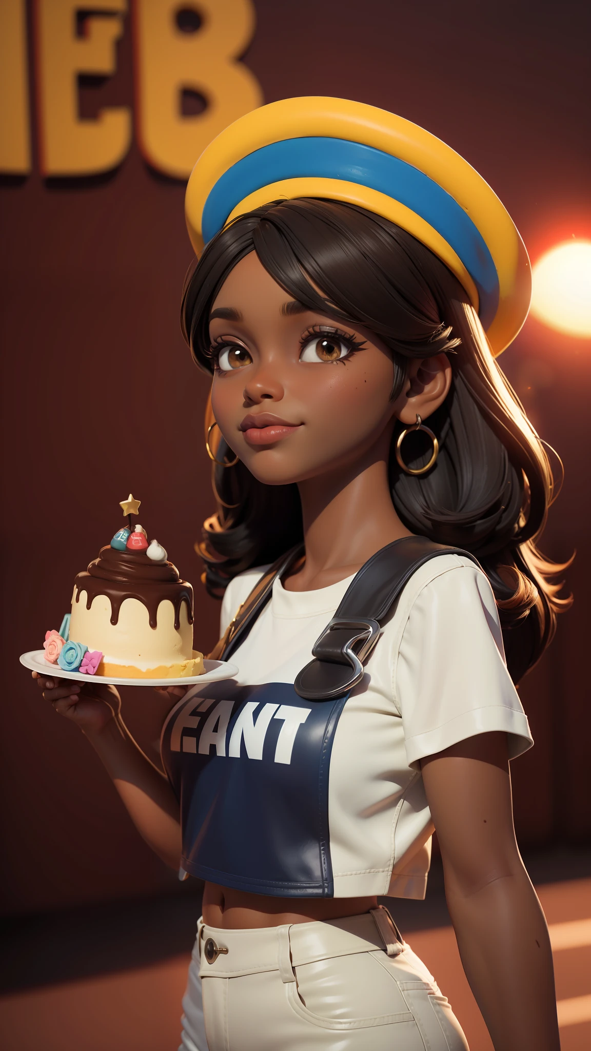 Colorful coffee girl with hands up, pele preta, brown skin with a cake in his hands at noon, birthday party, num nascer do sol, dia claro,  claridade suave,  sunshine cinematic shading, foto limpa. Clara 8k