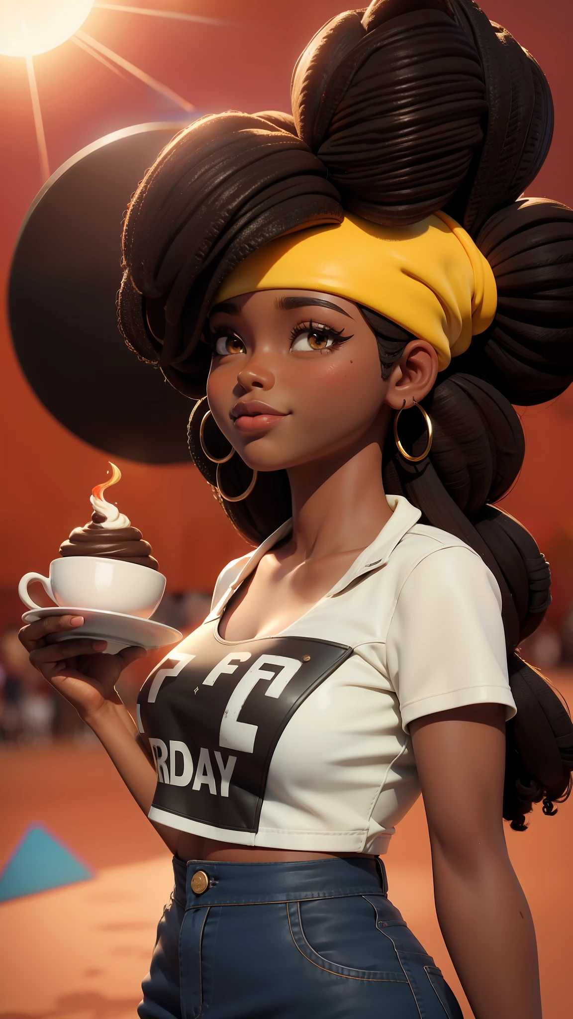 Colorful coffee girl with hands up, pele preta, brown skin with a cake in his hands at noon, birthday party, num nascer do sol, dia claro,  claridade suave,  sunshine cinematic shading, foto limpa. Clara 8k