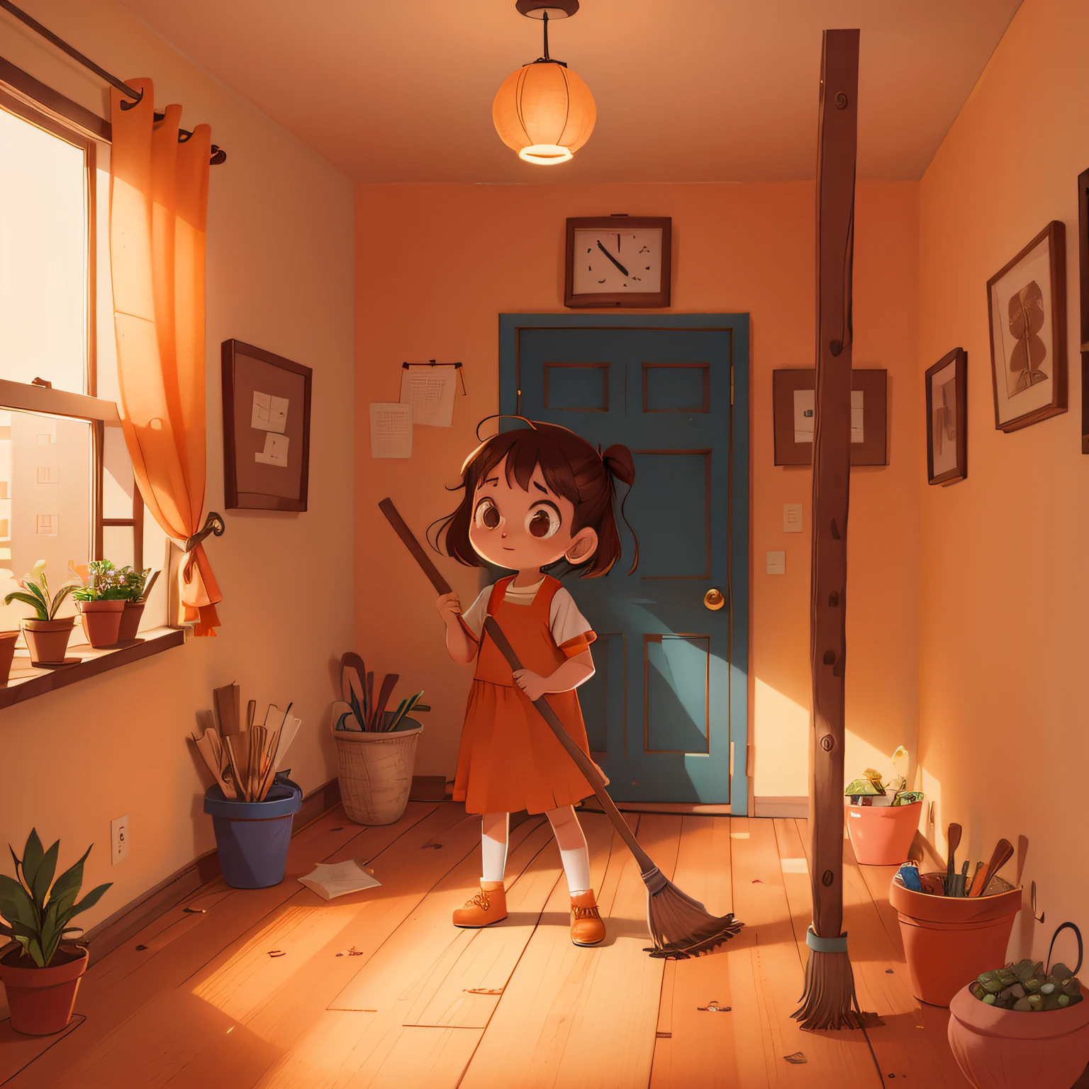 Girl standing holding a broom in the lower room shades of orange