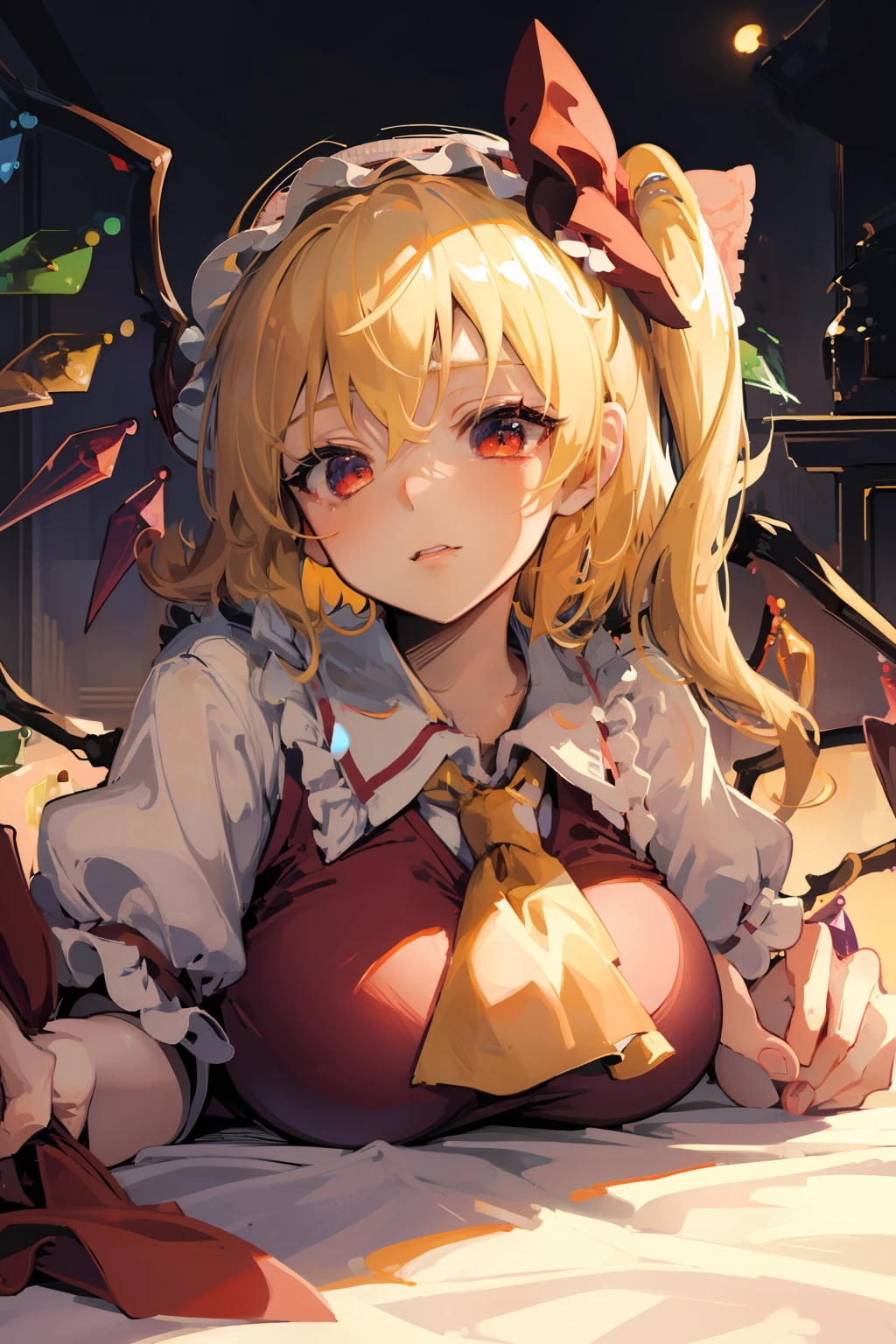 (masterpiece),best quality, expressive eyes, perfect face, 1girl,
big breast, H-cup, good breast, beautiful, gorgeous,anime,girl,lora,  laying down,flandre scarlet,
1girl,blonde hair,mob cap,hair bow,bowtie,side ponytail,wings,short sleeves,vest,ascot,