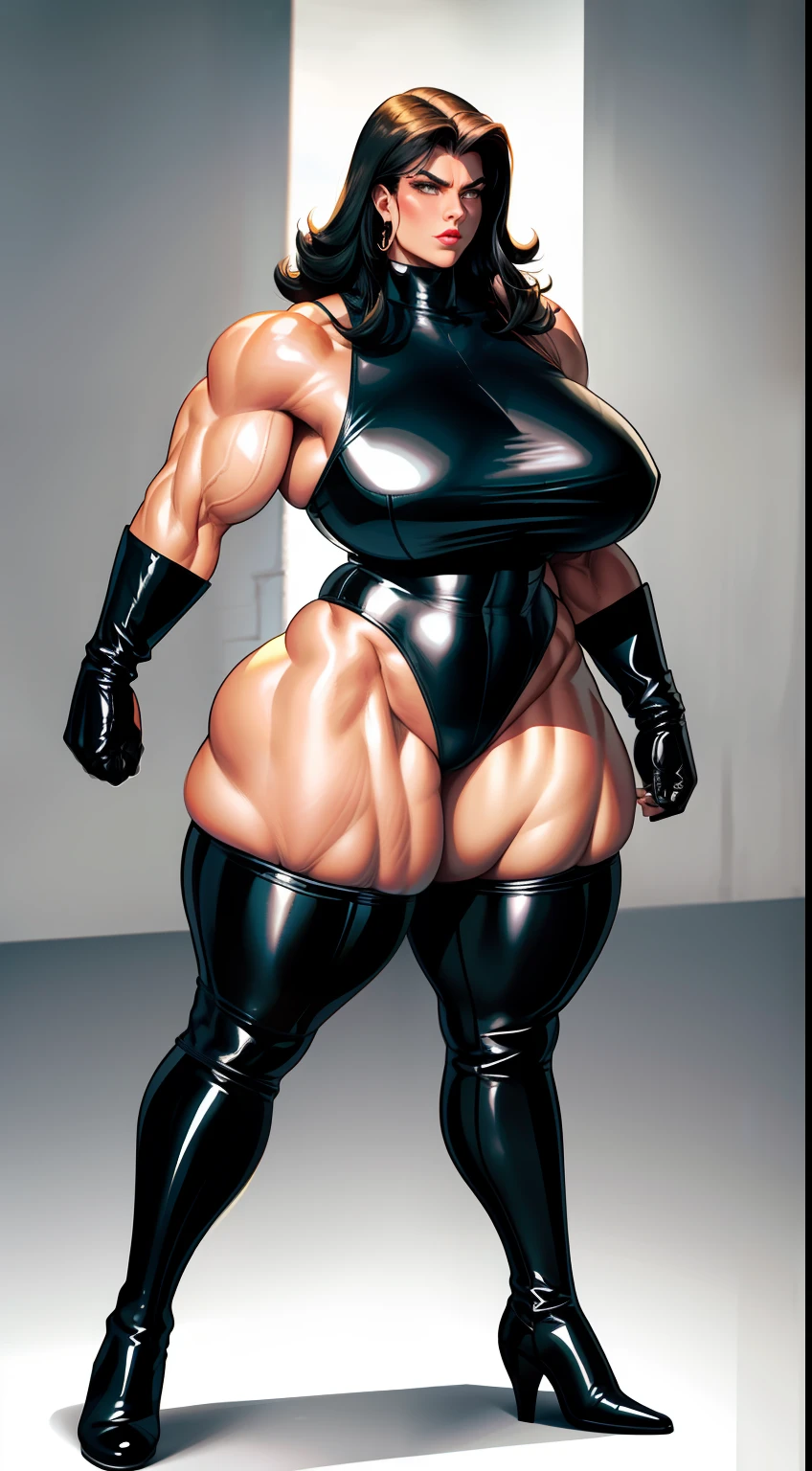 tmasterpiece,Burly woman,Exaggerated large muscles,blackstockings,Leather boots,latex glove, beautiful attractive face,Full body like, Single female,Very fair skin,Thin waist,Very broad shoulders, Strong and powerful arms,Stout arms,Strong and powerful leg muscles,thick calf,looking to the camera