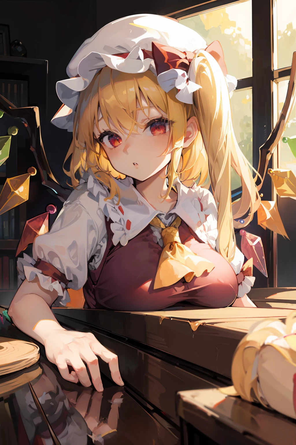 (masterpiece),best quality, expressive eyes, perfect face, 1girl,
big breast, H-cup, good breast, beautiful, gorgeous,anime,girl,lora,  laying down,flandre scarlet,
1girl,blonde hair,mob cap,hair bow,bowtie,side ponytail,wings,short sleeves,vest,ascot,