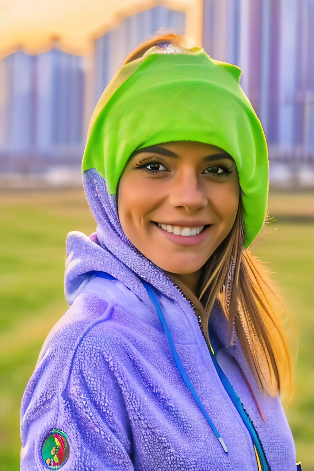 ((Mejor calidad de imagen, 8k, tmasterpiece:1.3))，chica ucraniana, rubia con ojos verdes, cara fina, who smiles and is dressed in a covered body, emigrated from his country and the background is a city