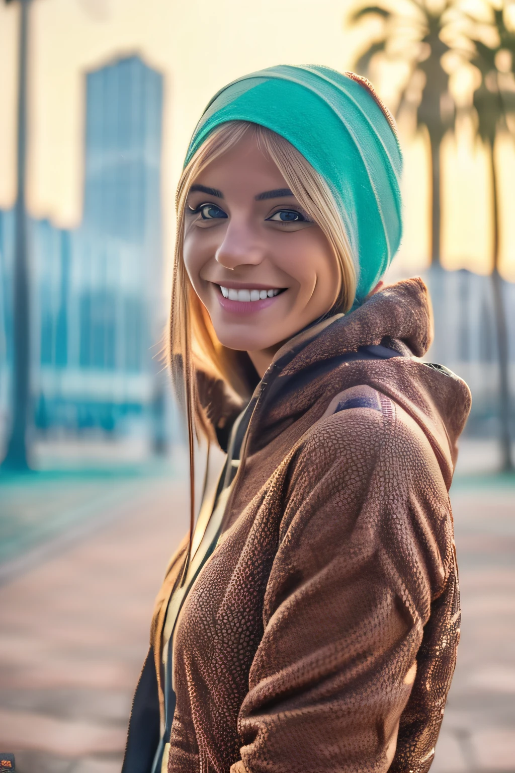 ((Mejor calidad de imagen, 8k, tmasterpiece:1.3)),chica ucraniana, rubia con ojos verdes, cara fina, who smiles and is dressed in a covered body, emigrated from his country and the background is a city
