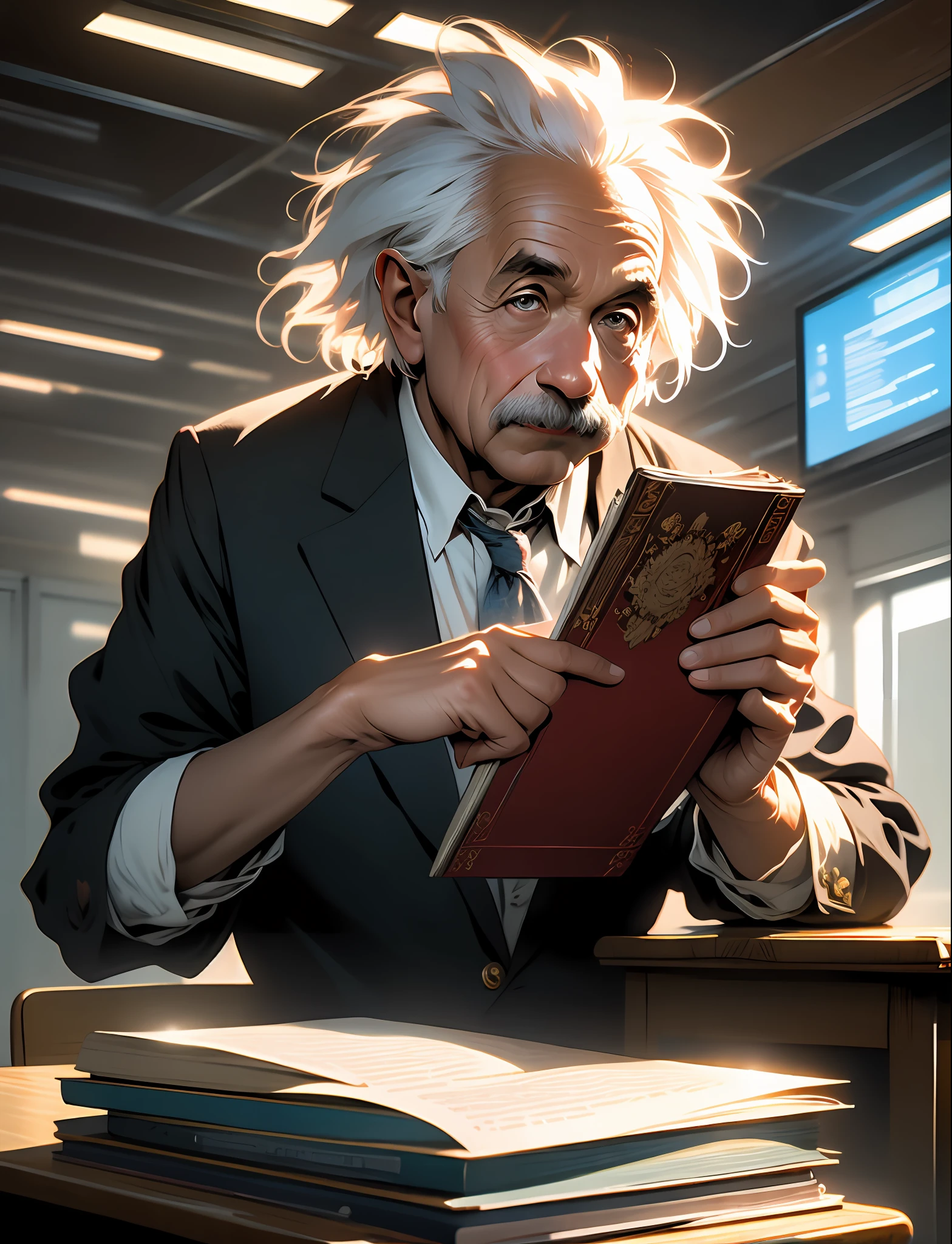 Albert Einstein, warrior, fearless expression, holding book, inside a classroom on future city, 4k, realistic, masterpiece, best quality, realistic, detailed, sharp