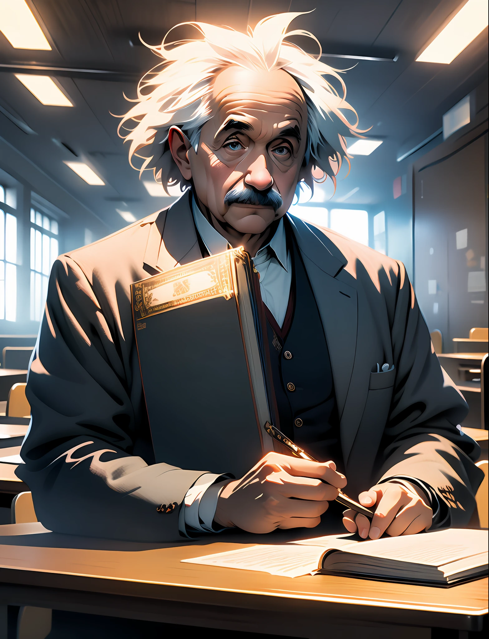 Albert Einstein, warrior, fearless expression, holding book, inside a classroom on future city, 4k, realistic, masterpiece, best quality, realistic, detailed, sharp