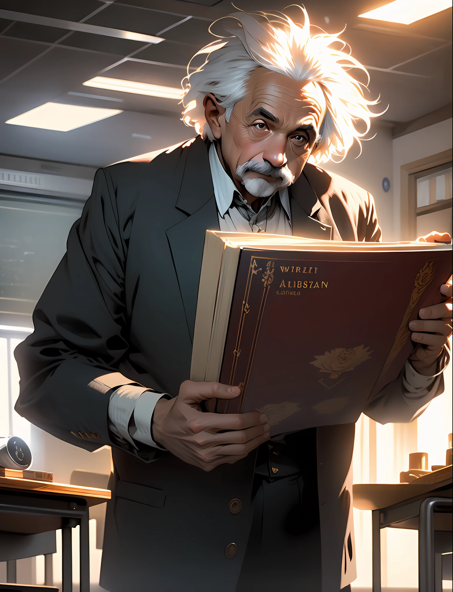 Albert Einstein, warrior, fearless expression, holding book, inside a classroom on future city, 4k, realistic, masterpiece, best quality, realistic, detailed, sharp