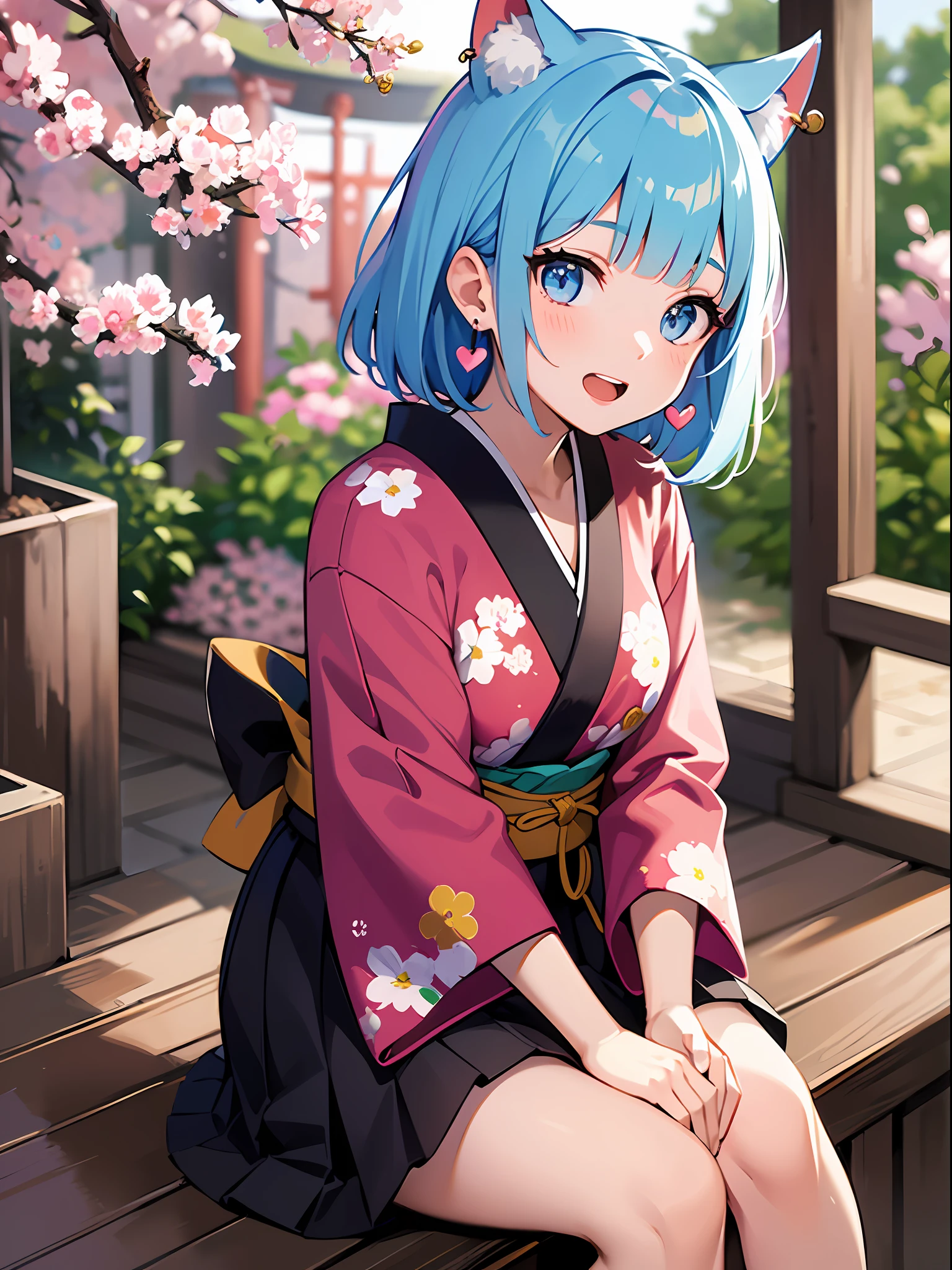 (masterpiece:1.3), (best quality:1.3), high resolution,
couboy shot,
leaning forward, sitting, body facing forward,
(one cute girl:1.3), solo,
white skin, small Breast, eight-headed person,
light blue hair, (bobbed hair:1.2), (short hair:1.1), (blunt bangs:1.2), beautiful hair, blue eyes, beautiful detailed eyes,
open mouth, heart, cheerful smile,
japanese clothes, kimono, cat ears, earrings,
outdoors, shinto shrine, cherry tree,
shadowlighting,
