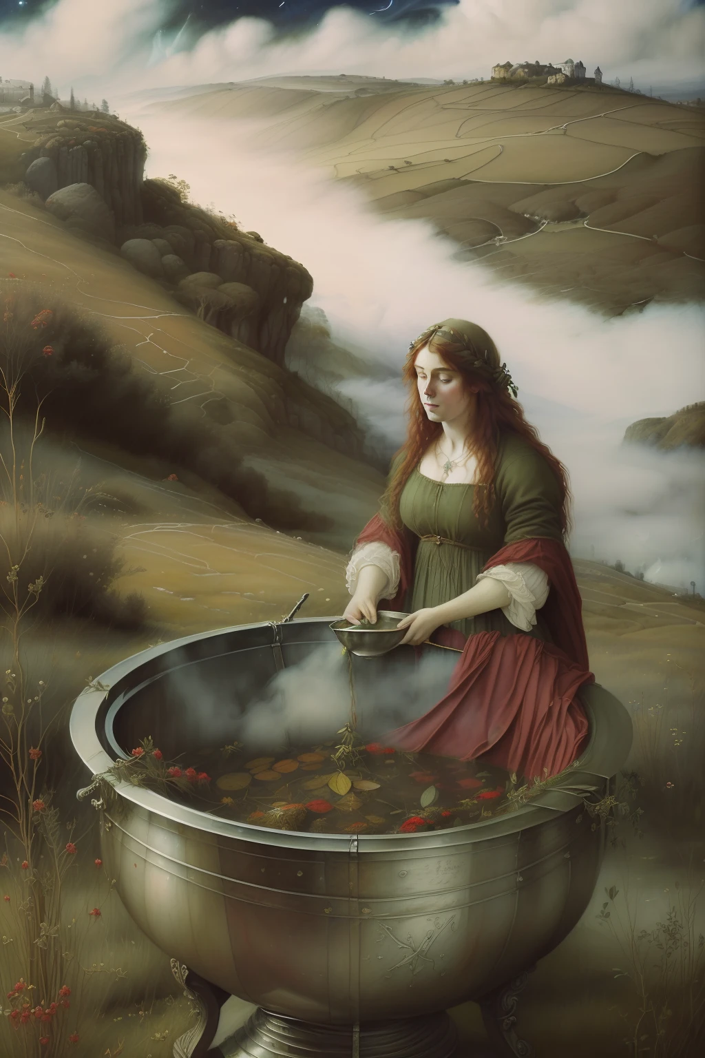 (((Pre-Raphaelite painting of a "velha bruxa corcundae enrugada", vestida de vermelho, boils herbs in the cauldron, There are clouds in the night sky, Hawthorn and mist in the background)))
