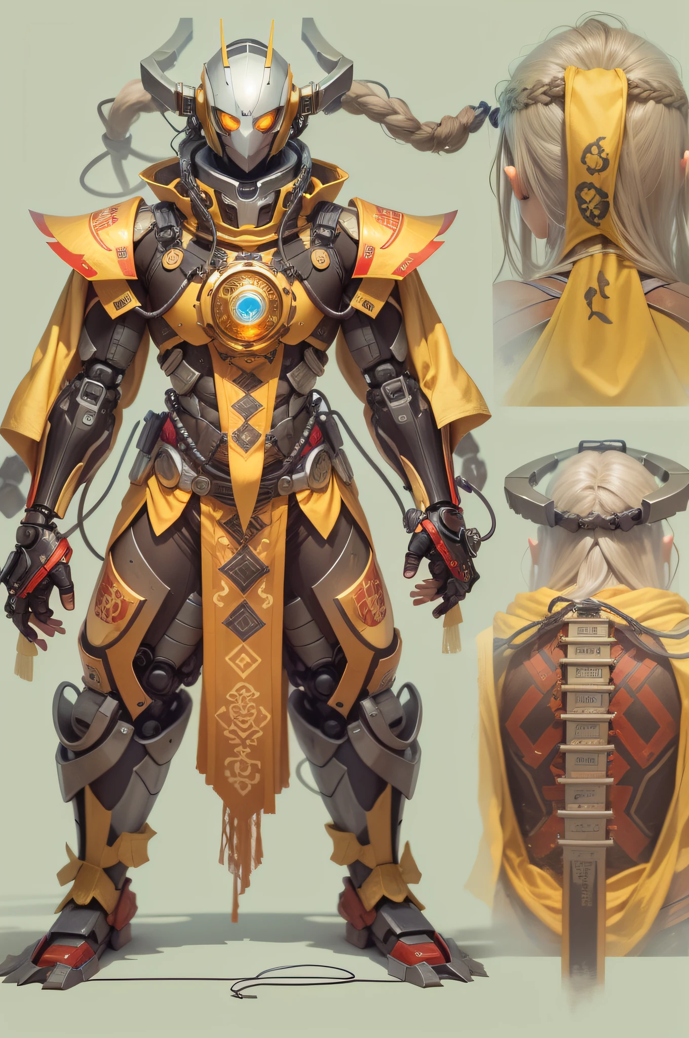 Half-body robot humanoid,clad in robes,Kamen Rider Head,Mechanical eyes,Imitates Zagu's eyes,Complex mechanical structure,Diverse antennas,The screws are rich in detail,Inhuman characteristics,The structure is more reasonable,head portrait,The details are close at hand,Super Squad Robot,sharper details,Angular silhouette,More twists and turns,More geometry,Elongated head, More hoses,More pipelines,Longer antennas,Dirty braided hair,The hair is made up of tubes draped over the back of the head,Wearing Chinese Taoist robes,There are Tai Chi gossip graphics on the body,The head is as special as that of a Tibetan antelope,More Chinese lines on clothes,Bring a Chinese knot,Carry a variety of Chinese accessories,The body is primarily mechanical,Mahogany sword,Yellow symbols,