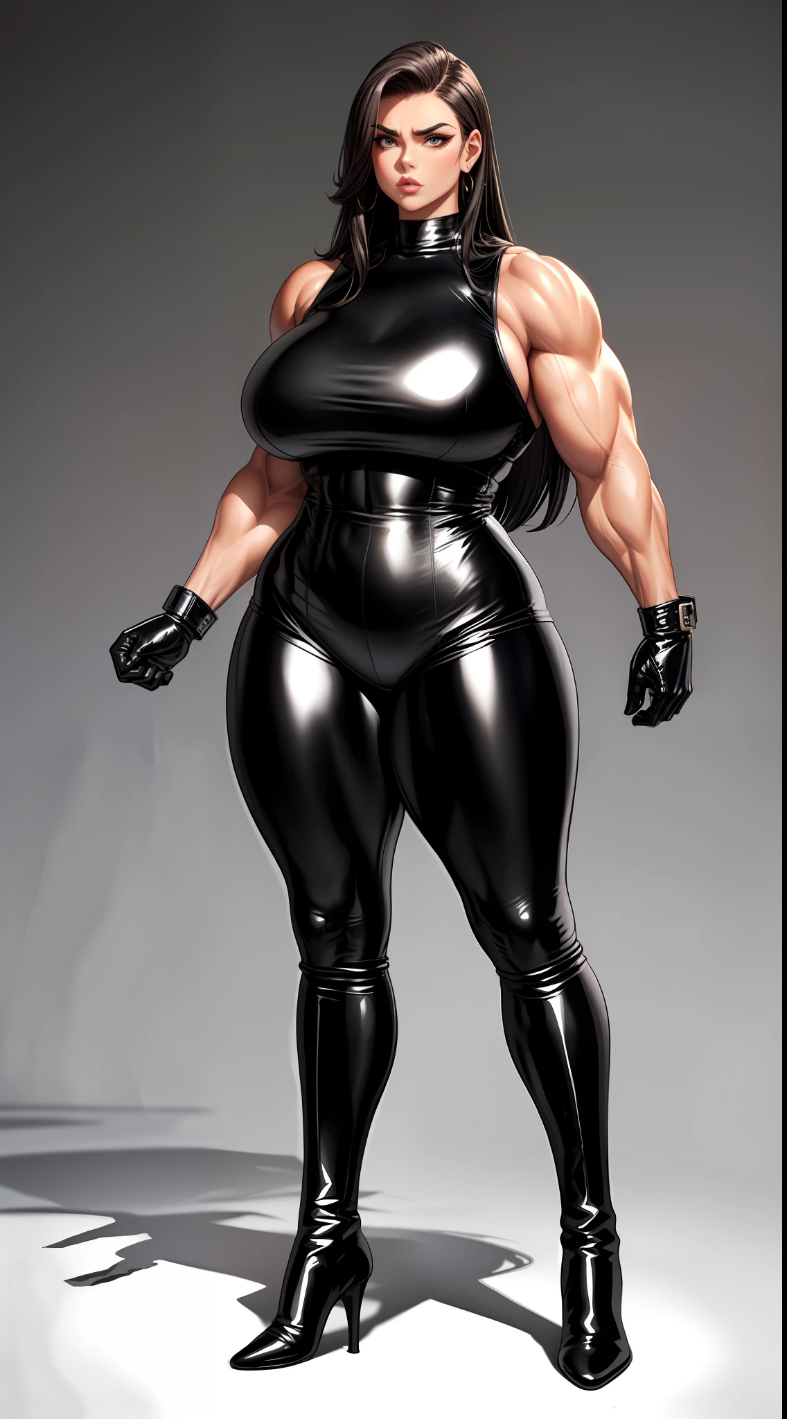 tmasterpiece,Burly woman,Exaggerated large muscles,Latex covers the whole body,Leather boots,latex glove, beautiful attractive face,Full body like, Single female,Very fair skin,Thin waist,Very broad shoulders, Strong and powerful arms,Stout arms,Strong and powerful leg muscles,thick calf,long leges,looking to the camera