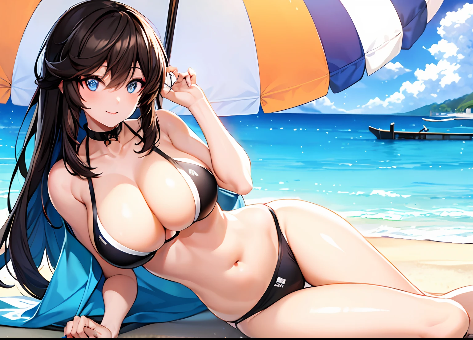 masterpiece, best quality, ultra-detailed, illustration, warm lighting, bright colors, 1girl, (shin_jia), bangs, black_hair, blue_eyes, hair_between_eyes, long_hair, solo,
beach, sun, sand, water, ocean, beach ball, sunshine, bathing suit, bikini, swim wear, volley ball, towels, drinks, umbrella, lying down,