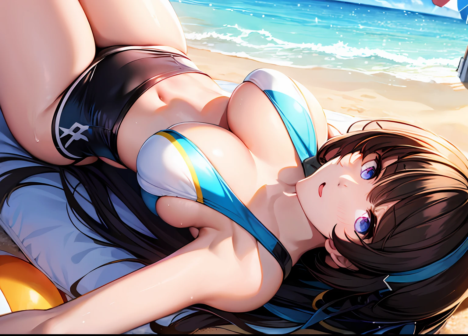 masterpiece, best quality, ultra-detailed, illustration, warm lighting, bright colors, 1girl, (shin_jia), bangs, black_hair, blue_eyes, hair_between_eyes, long_hair, solo,
beach, sun, sand, water, ocean, beach ball, sunshine, bathing suit, bikini, swim wear, volley ball, towels, drinks, umbrella, lying down,