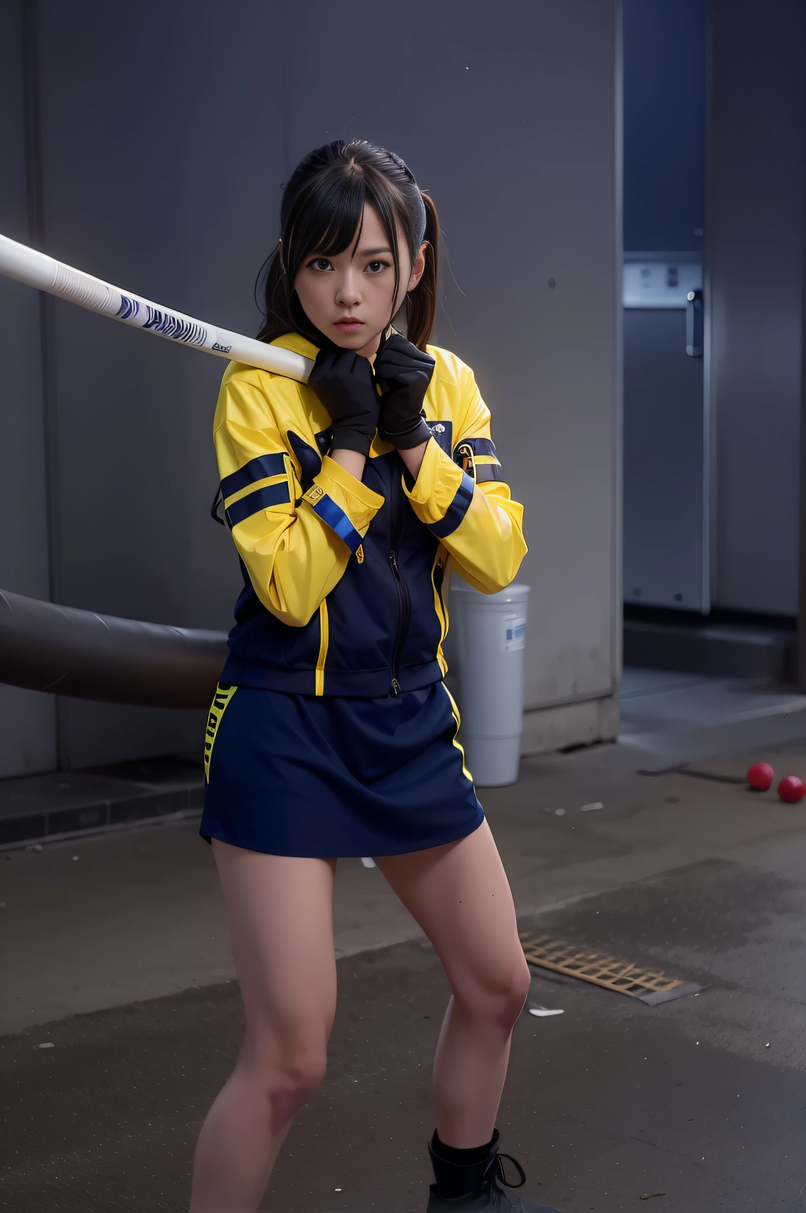 Woman in yellow and blue jacket holding baseball bat, unsheathing her katana, けもの, Rin, katanas strapped to her back, hints of yayoi kasuma, twintails white_gloves, Fubuki, portrait n - 9, with yellow cloths, holding whip, Ayaka Cosplay