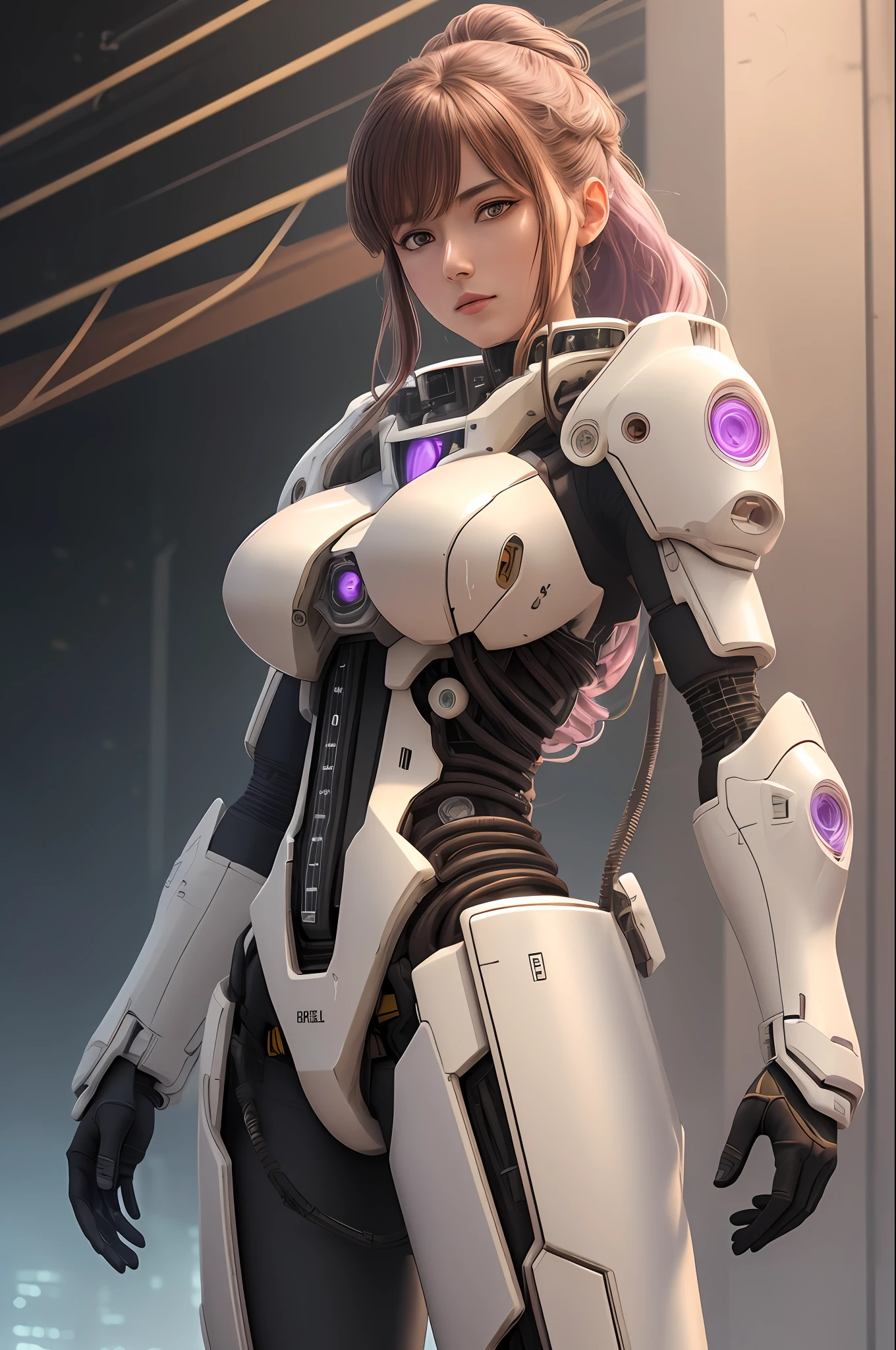 1mechanical_girl_with_kidou_keisatsu_patlabor_body , wearing_intricate_bioluminescent_mechanical_cyborg_armor_made_out_of ((white_beige_old_plastic)) , ((ultra realistic details)), detailed_face, global_illumination, shadows, octane_render, 8k, ultra_sharp, metal, ornaments_detailed, cold_colors, egypician_detail, highly_intricate_details, realistic_light, trending_on_cgsociety, glowing_eyes, look down on someone, ((from below)), lifted by self, looking at viewer, neon_details, machanical_limbs, blood_vessels_connected_to_tubes, ((lot_wires_and_cables_connecting_to_head_and_body)), killing_machine, extremely_sexy, lustful, medium breasts, slutty , official wallpaper, NSFW, In the style of Neon Genesis Evangelion, you find yourself standing on a desolate, post - apocalyptic wasteland, as the distant ruins of a massive city loom on the horizon. The sky is filled with ominous clouds, as a massive creature towers in the distance, cinematic light, dramatic light, pink + violet