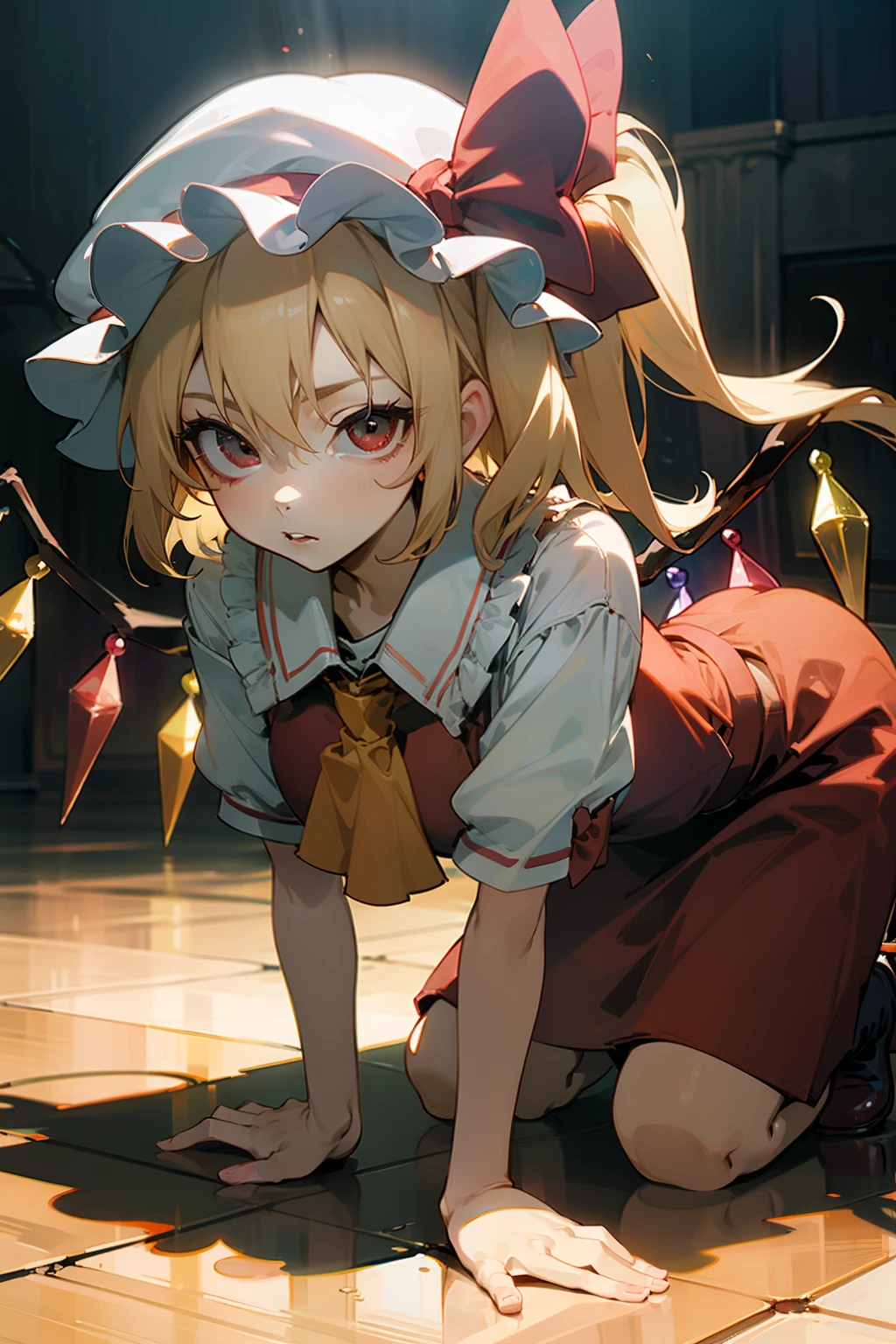 (masterpiece),best quality, expressive eyes, perfect face, 1girl,
big breast, H-cup, good breast, beautiful, gorgeous,anime,girl,lora,  flandre scarlet,
1girl,blonde hair,mob cap,hair bow,bowtie,side ponytail,wings,short sleeves,vest,ascot,on all fours