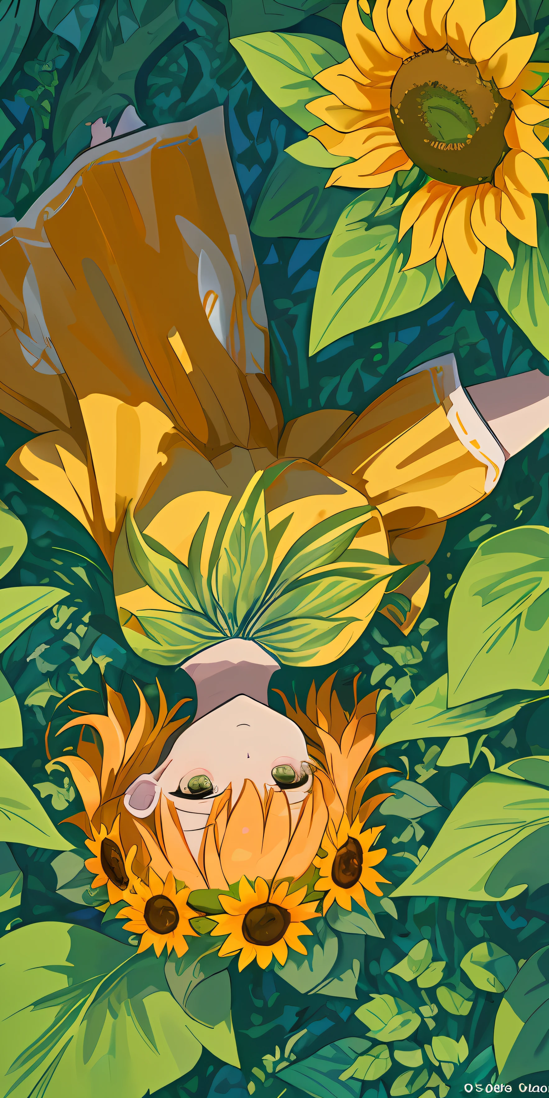 masterpiece、top-quality、(the Extremely Detailed CG Unity 8K Wallpapers)(top-quality)、(The best illustrations)、(Best Shadows) Nature'、blue sea、Delicate leaf petals fall into the air rays Tracking、Ultra Details Theme centered around plants, featuring a main color of leaf green, secondary color of plant green, and an ethnic orange background color. Style is set to be natural, botanical, and minimal. Shapes to include leaves, flowers, and sunflowers, while textures incorporate leaf-like texture and silky flower petals. Lines should evoke the imagery of curved leaves and flowing stems. Additionally, imagine a symmetrical arrangement of flowers. --v6