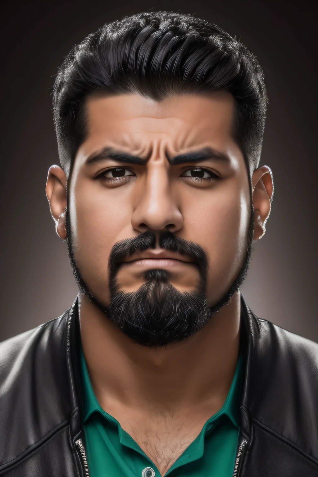 ((Mejor calidad de imagen, 8k, tmasterpiece:1.3)), mexican guy, not tall, happy guy with angry face, black hair, big black eyes and random background